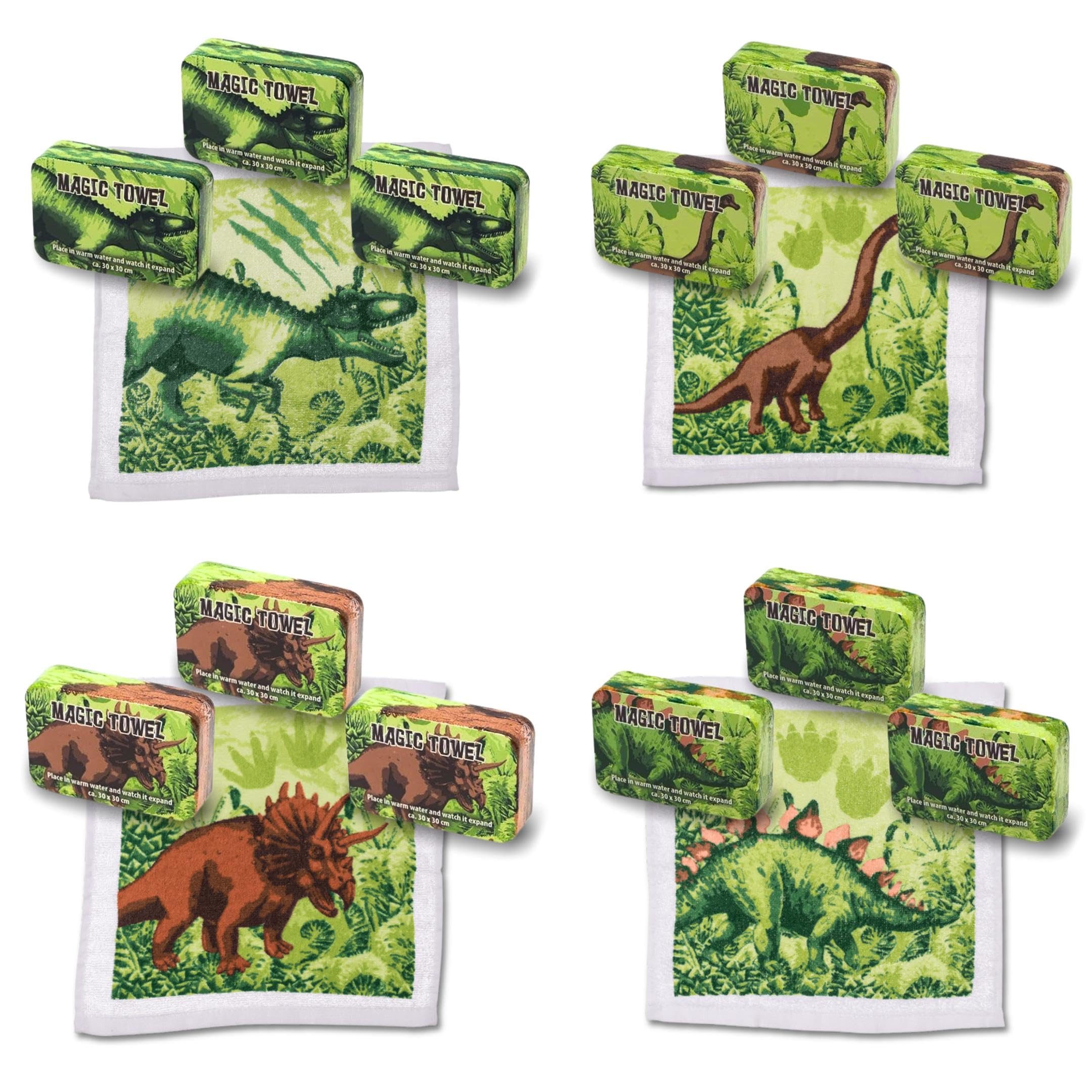 Bada Bing Handtuch Set Magisches Handtuch Dinosaurier Zauberhandtuch Dino, Baumwolle (T-Rex, Stegosaurus, Triceratops, Brontosaurus, 12-St), komprimiert