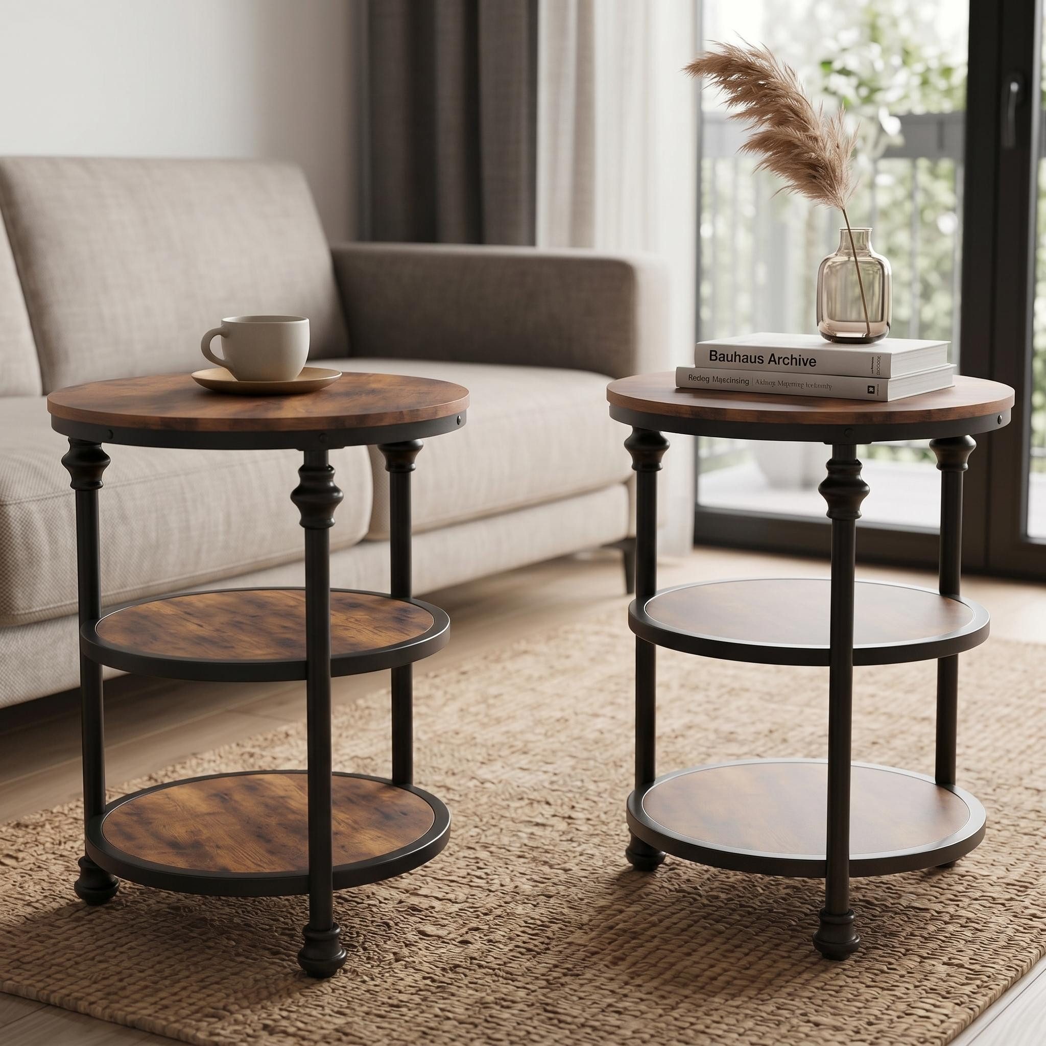 GarveeMore Couchtisch Beistelltisch mit 3 Ebenen, Metallgestell und Holzoptik (2-St), verstellbare Füße, im Vintage-Stil, rund, schwarz & braun