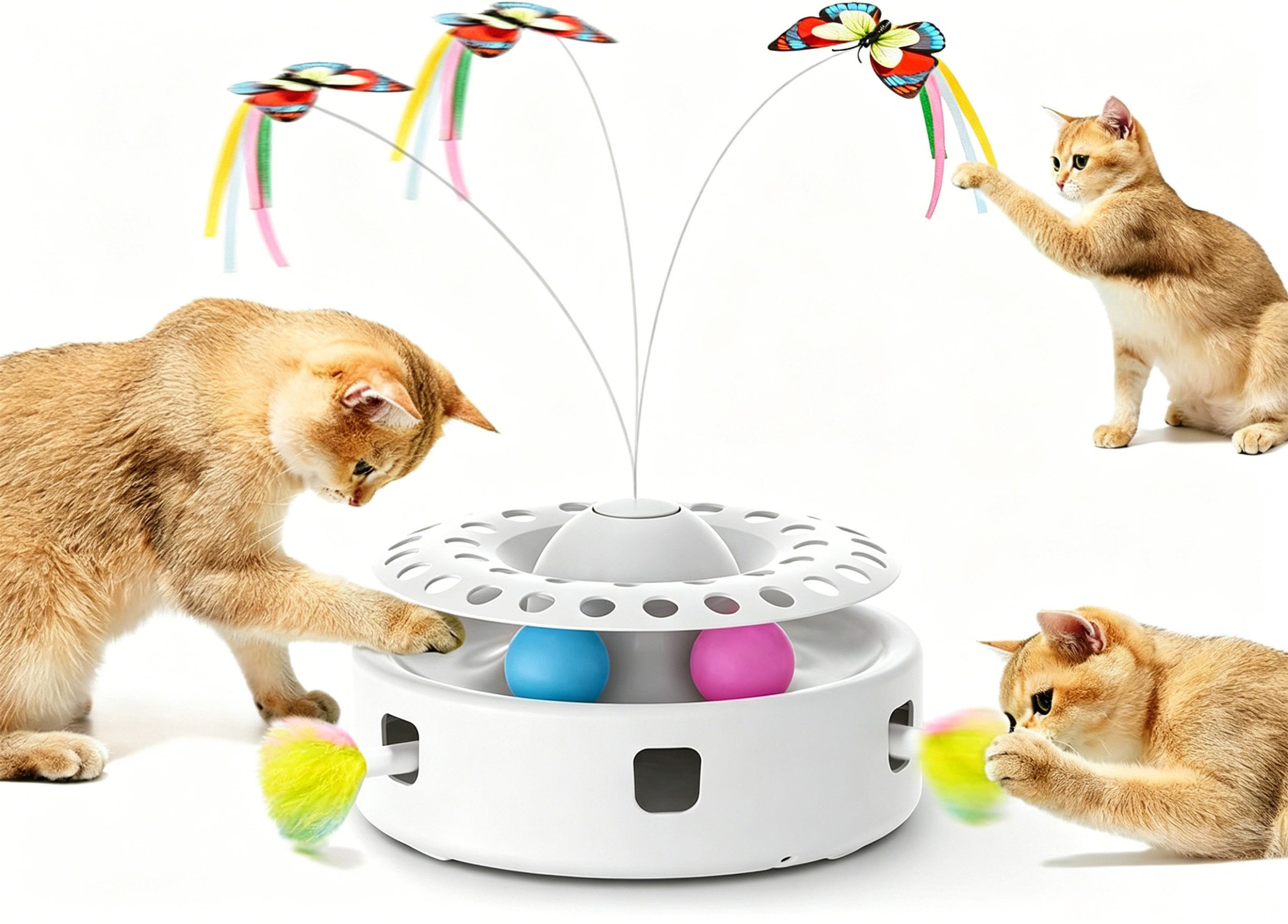 Luckice Tier-Intelligenzspielzeug 3-in-1 elektrisches Katzenspielzeug, Interaktives Katzenspielzeug, Automatisches Katzenspielzeug für Wohnungskatzen, USB- und batteriebetrieben (1-tlg) Automatisches Federspiel Flatternder Schmetterling Batteriebetriebenes