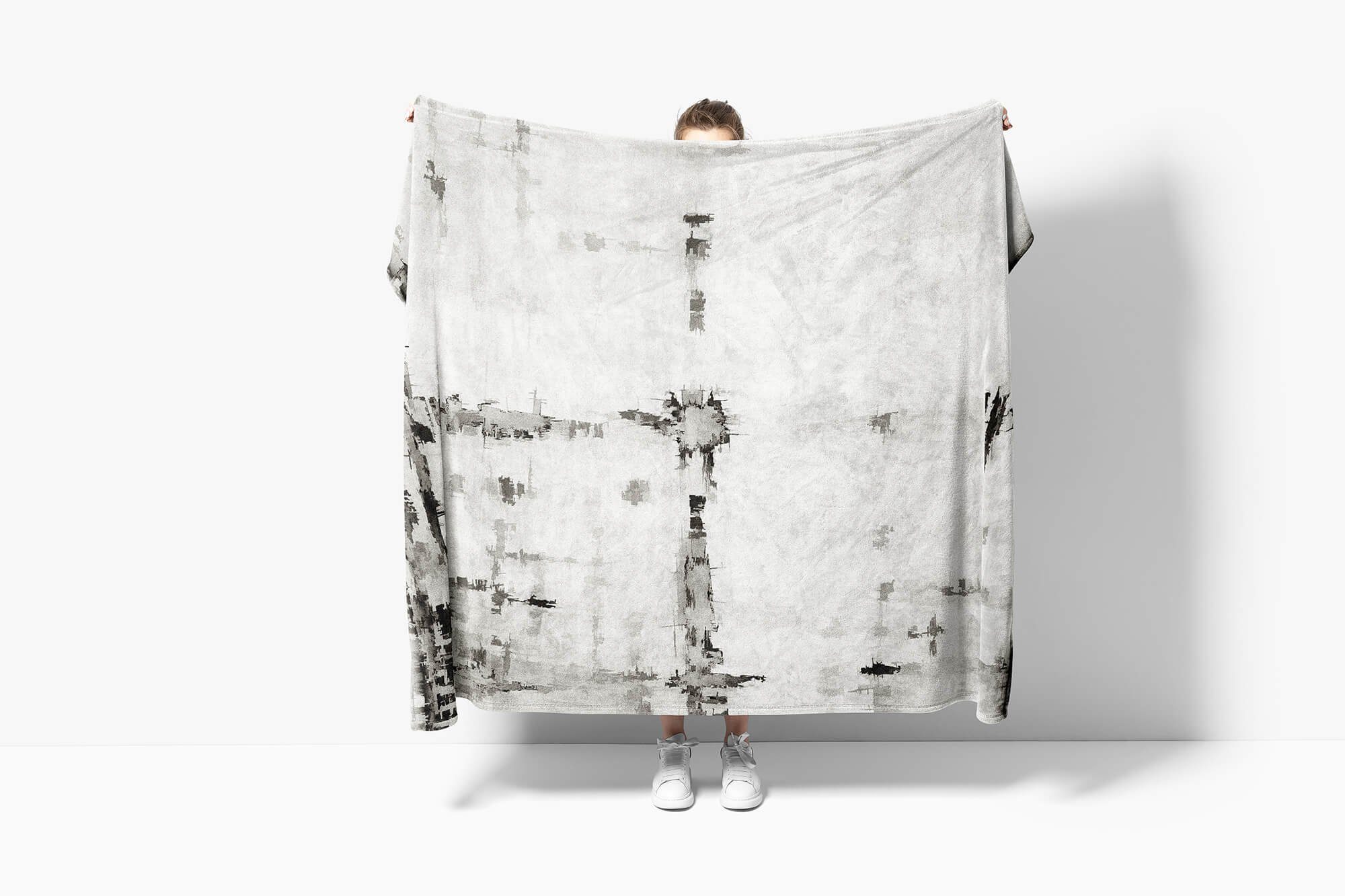 A, Fotomotiv Schwarz Art Strandhandtuch Saunatuch Kuscheldecke Grau Handtücher Handtuch mit Handtuch (1-St), Sinus Baumwolle-Polyester-Mix Abstrakt Weiß