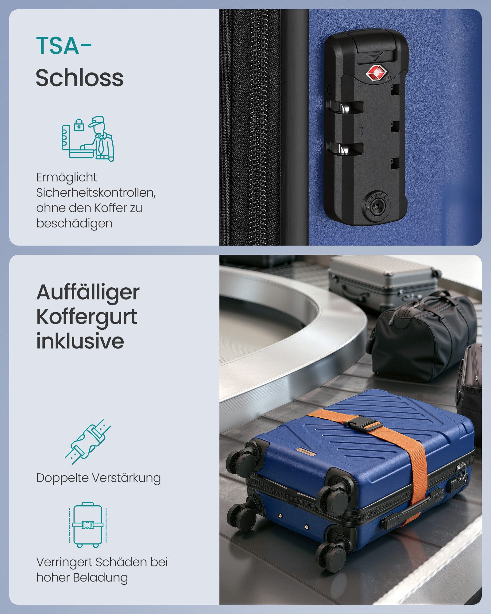 SONGMICS Hartschalen-Trolley Kofferset, 360° Rollen, robuster Reisekoffer, Bordcase, ABS