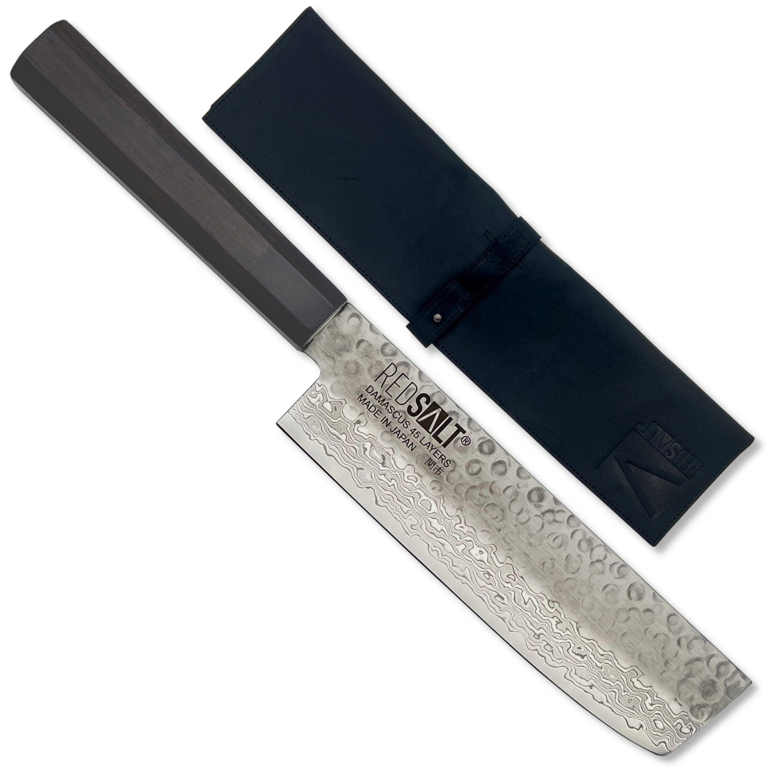 REDSALT® Damastmesser NAKIRI 16cm Profi Japan in mit Klingenschutz, Made Küchenmesser & handgerfertigt, Ledertasche &