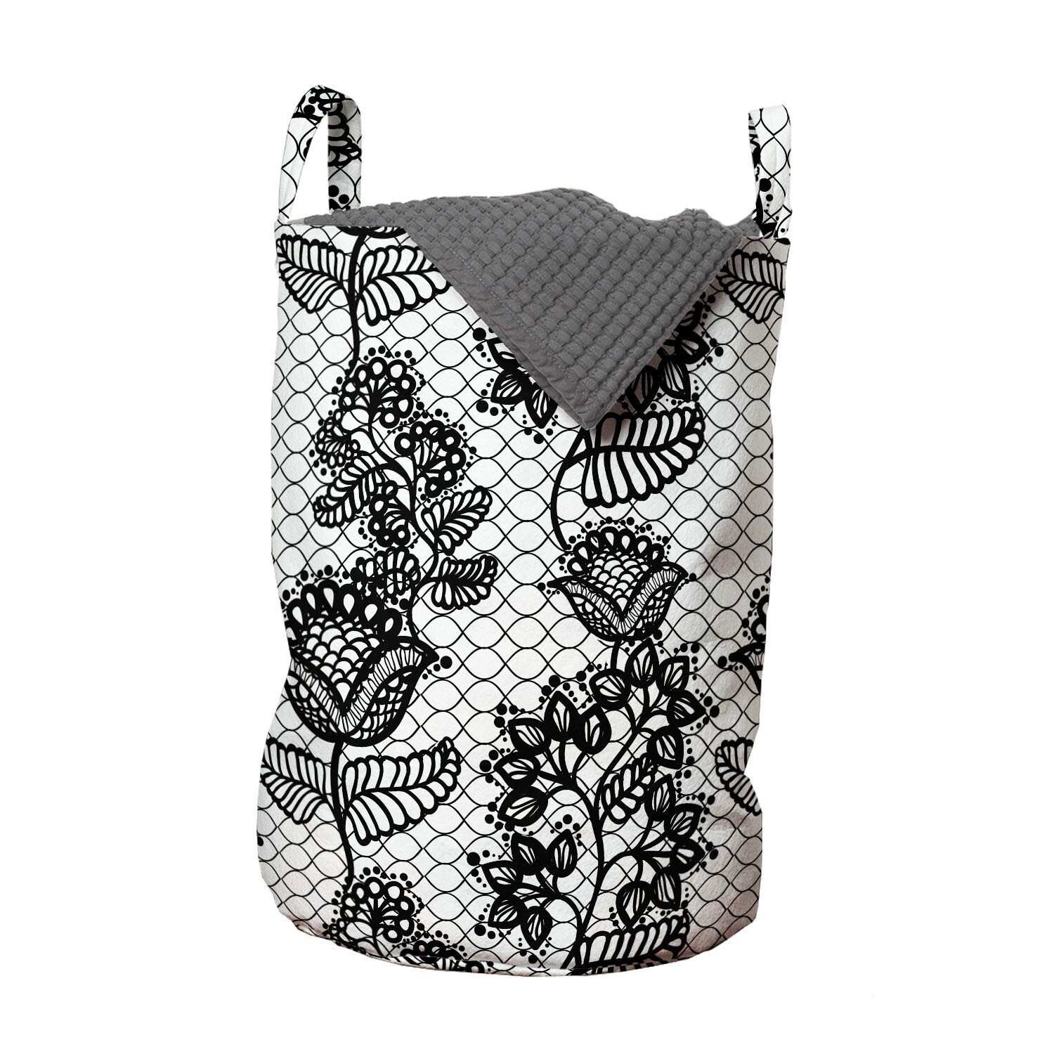 Waschsalons, Kordelzugverschluss Wäschekorb mit Abakuhaus Schwarz-Weiss für Griffen Lace-Art-Blumen Wäschesäckchen
