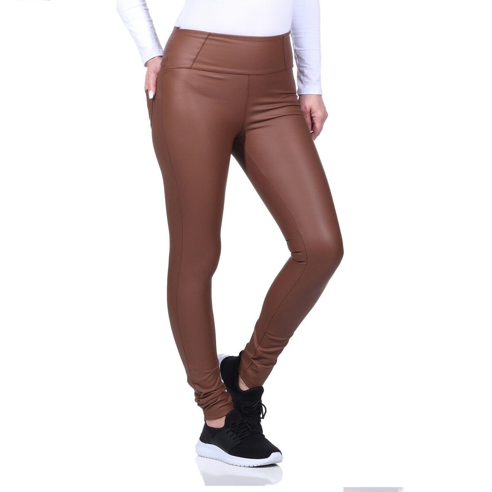 Aurela Damenmode Lederhose Kunstlederleggings auch gefüttert Lederleggings Warme mit mit Größen mit gefütterte (1-tlg) erhältlich, Damen Rostbraun Teddyfleece in elastischem Bund, großen Gesäßtaschen, für