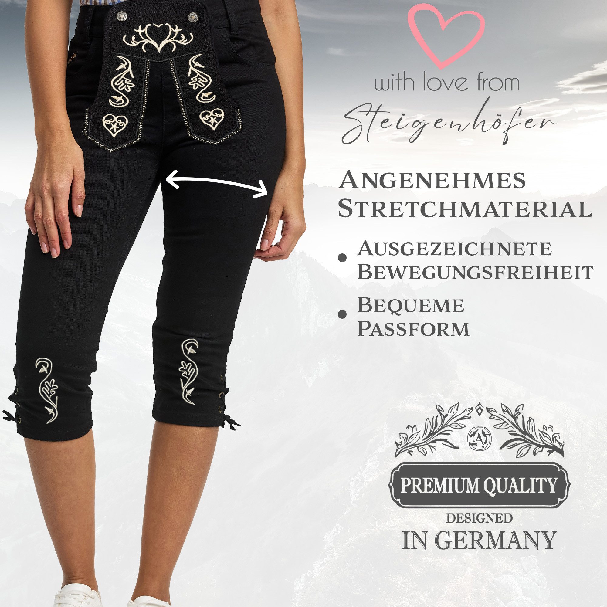 Steigenhöfer Manufaktur Trachtenjeans im Lederhosen Look - Damen Shorts - Stretch für Komfort - Capri Jeans Traditionelles Design - Ideal für Oktoberfest usw. - auch als 3/4 Hose