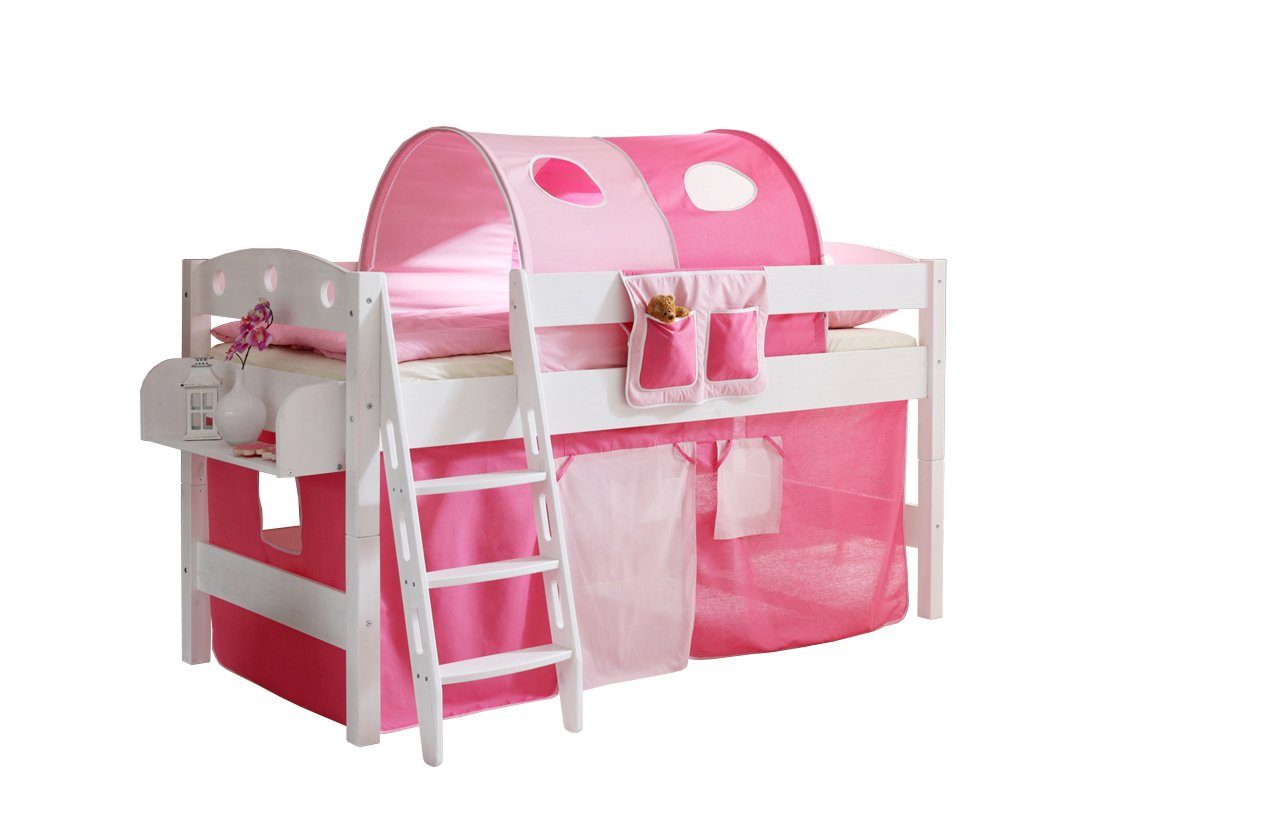 Ticaa Hochbett Hochbett "Kenny R" Kiefer Weiß Classic Weiß lackiert (Holzmaserung sichtbar)