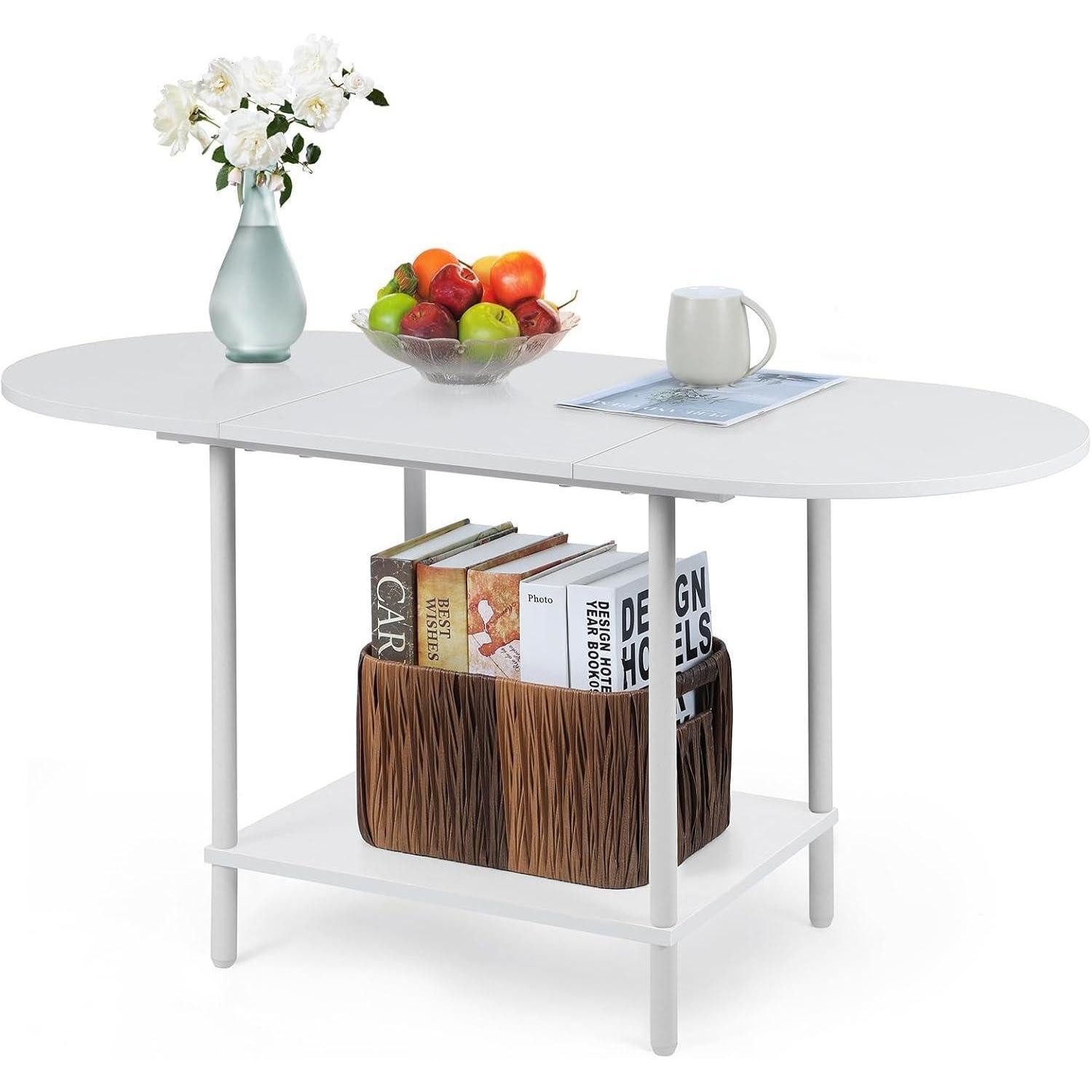 LuxusKollektion Couchtisch Couchtisch Oval Weiß aus Holz 2-stufiger Mitteltisch mit Ablagefach