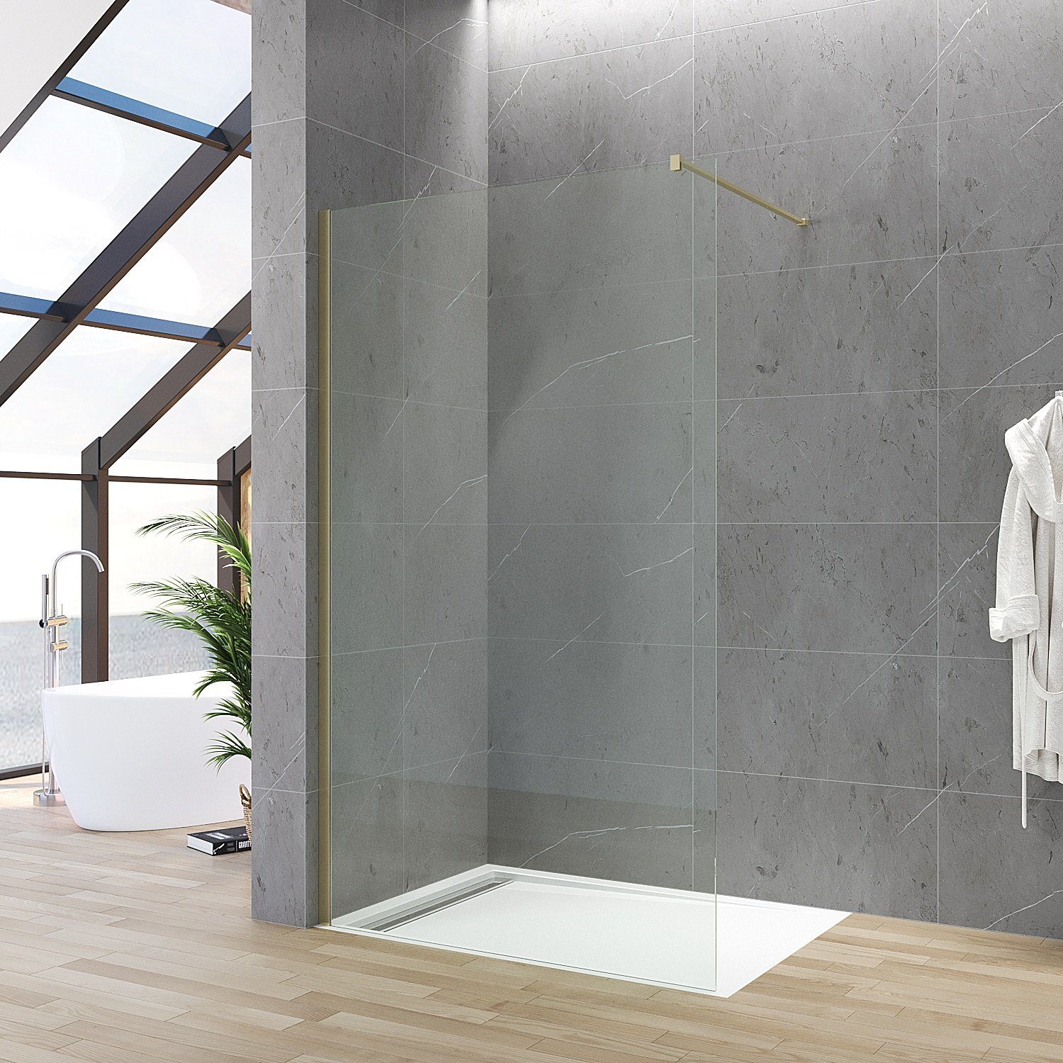 AQUABATOS Walk-in-Dusche Walk in Dusche Duschwand Glas Trennwand Duschabtrennung Duschkabine, 8 mm Einscheibensicherheitsglas, goldenes Profil, inkl. Nano Beschichtung, mit variablem Verstellbereich