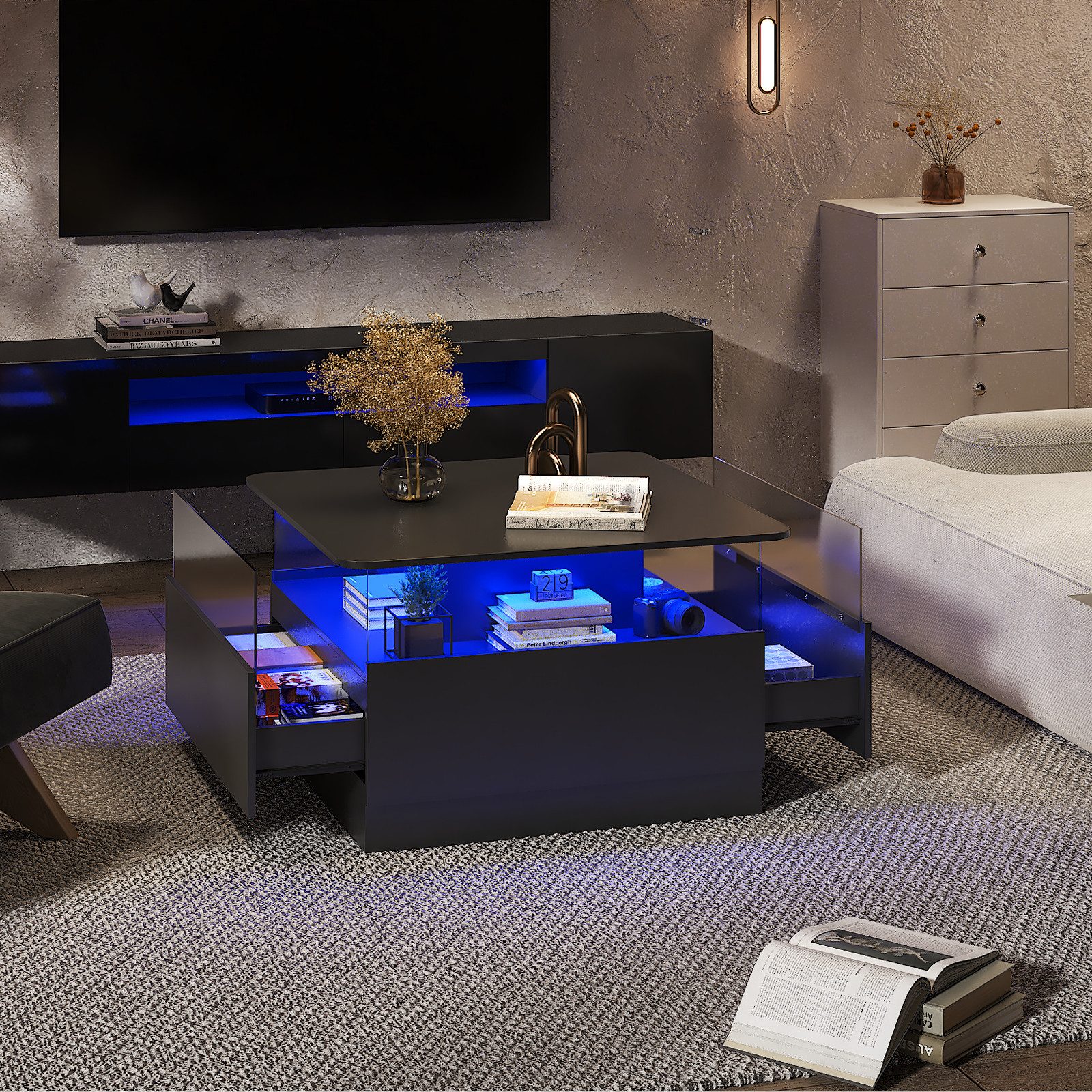 radelldar Couchtisch quadratisch mit LED-Beleuchtung und 2 Acryltüren-Schubladen (1-St), Wohnzimmertisch Beistelltisch, 78x78x48cm – Bild 5 von 5