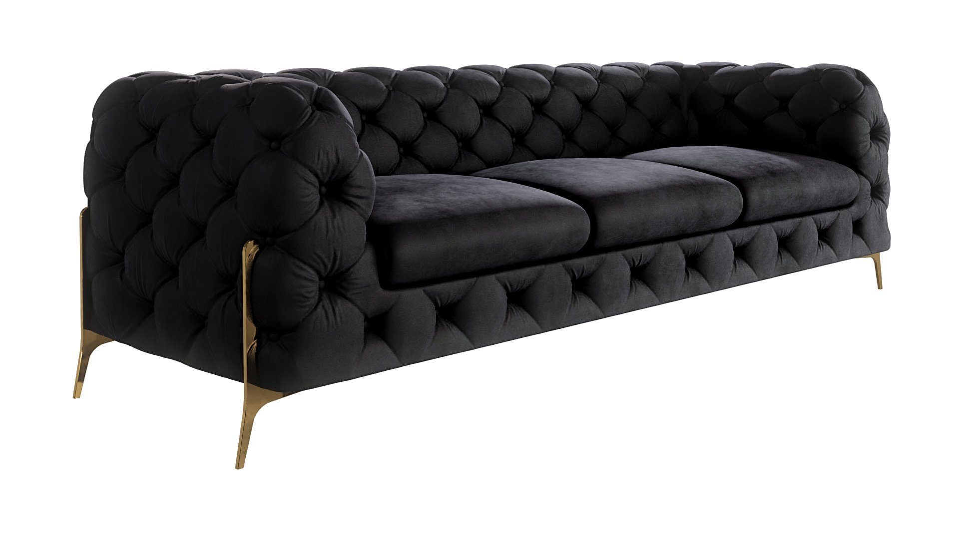 S-Style Möbel Polstergarnitur 3-Sitzer-Sofa, Sessel), Ashley mit (1x 2-Sitzer-Sofa, 1x mit Goldene Metall Chesterfield Wellenfederung 1x Polstergarnitur Schwarz 3+2+1 Füßen