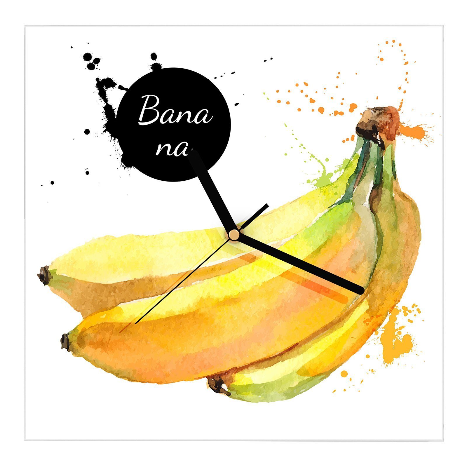 Primedeco Wanduhr Glasuhr Wanduhr Wandkunst Größe 30 x 30 cm mit Motiv Aquarellmalerei mit Bananen