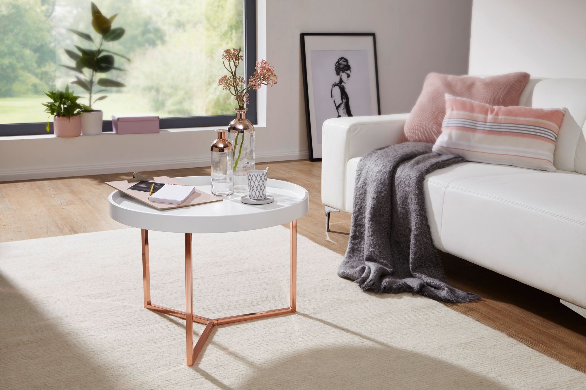 Wohnling Couchtisch WL5.765 JESI Sofatisch Kupfer Rund Tabletttisch Beistelltisch Retro (5x42x58, 58, 5 cm Weiß / Kupfer, Sofatisch Rund), Tabletttisch Metallgestell, Wohnzimmertisch Modern