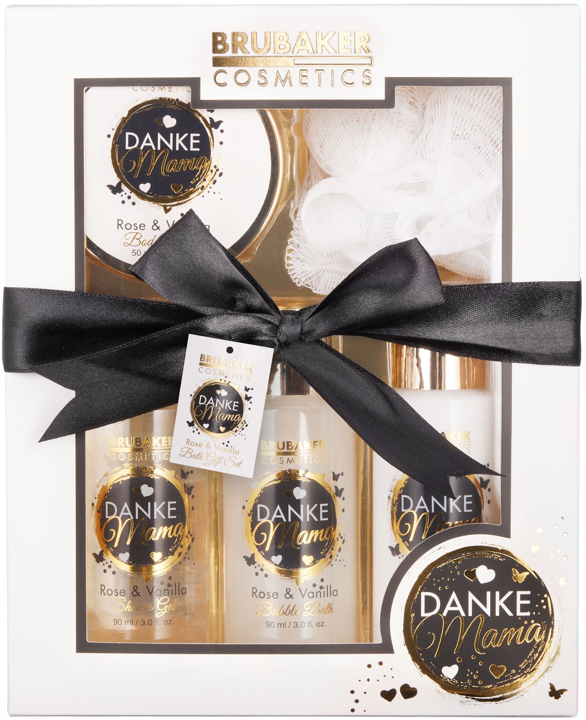 BRUBAKER Pflege-Geschenkset - mit Peeling Dusch- mit 5-tlg., Danke Weiß Gold Geschenkset Pflegeset Mutter Duft, Vanille Schwamm Badeset Mama und - Rosen