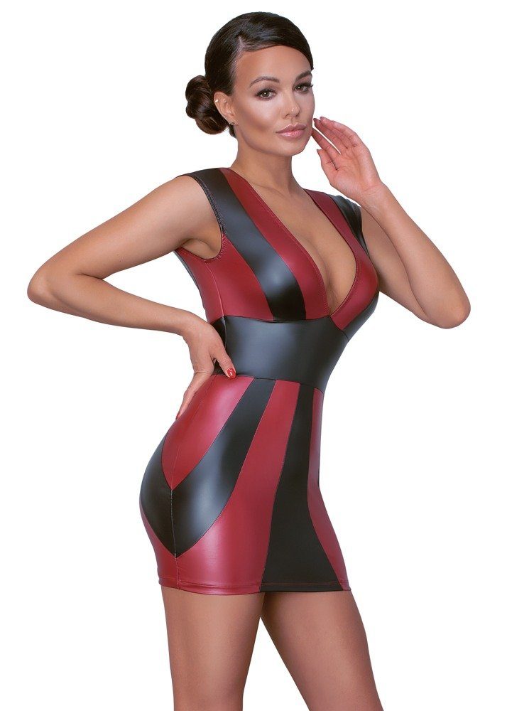 Cottelli Collection Minikleid Wetlook Kleid - schwarz, rot (1-tlg) Tiefer Ausschnitt vorne und hinten