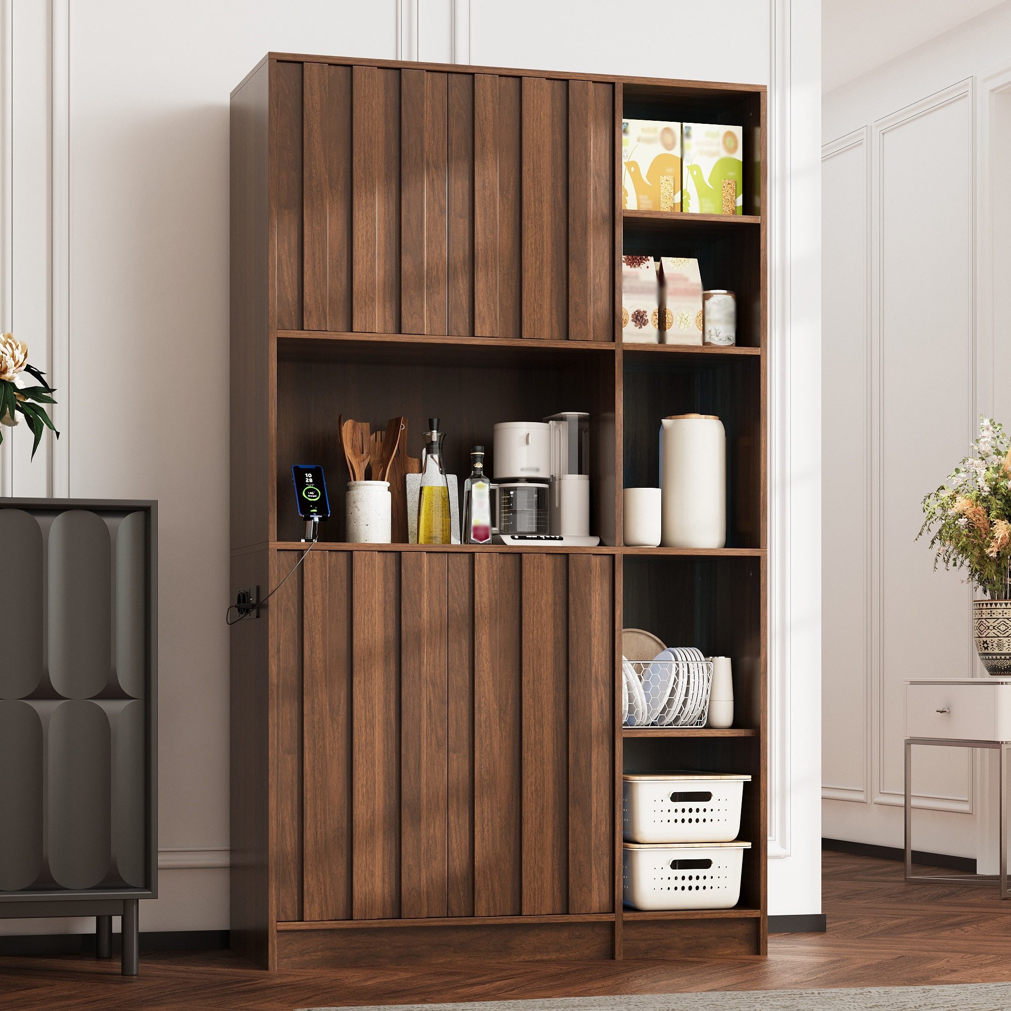Flieks Küchenbuffet multifunktionaler Hochschrank mit Steckdosen, LED-Beleuchtung (B105/T40/H180 cm, 1-St) Mehrzweckschrank Küchenschrank Bücherregal Wohnzimmer Walnussholzfarbe