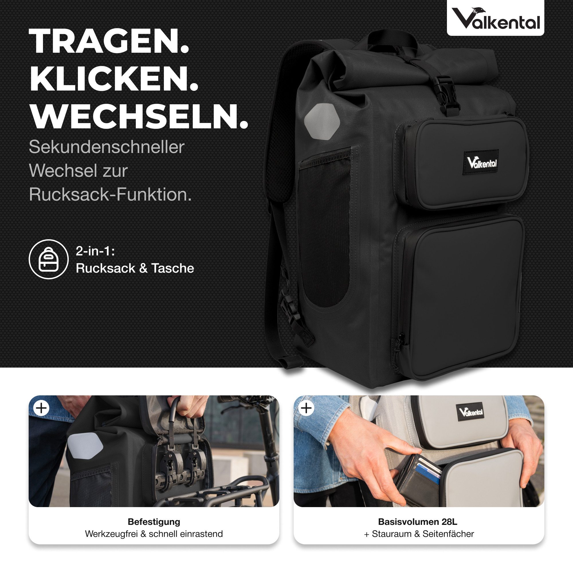 Valkental Gepäckträgertasche Gepäckträgertasche 2in1 Fahrradtasche mit Rucksackfunktion UrbanX (mit Rucksackfunktion und abschließbarer Halterung), 100 % wasserdicht & reflektierend, 28 L