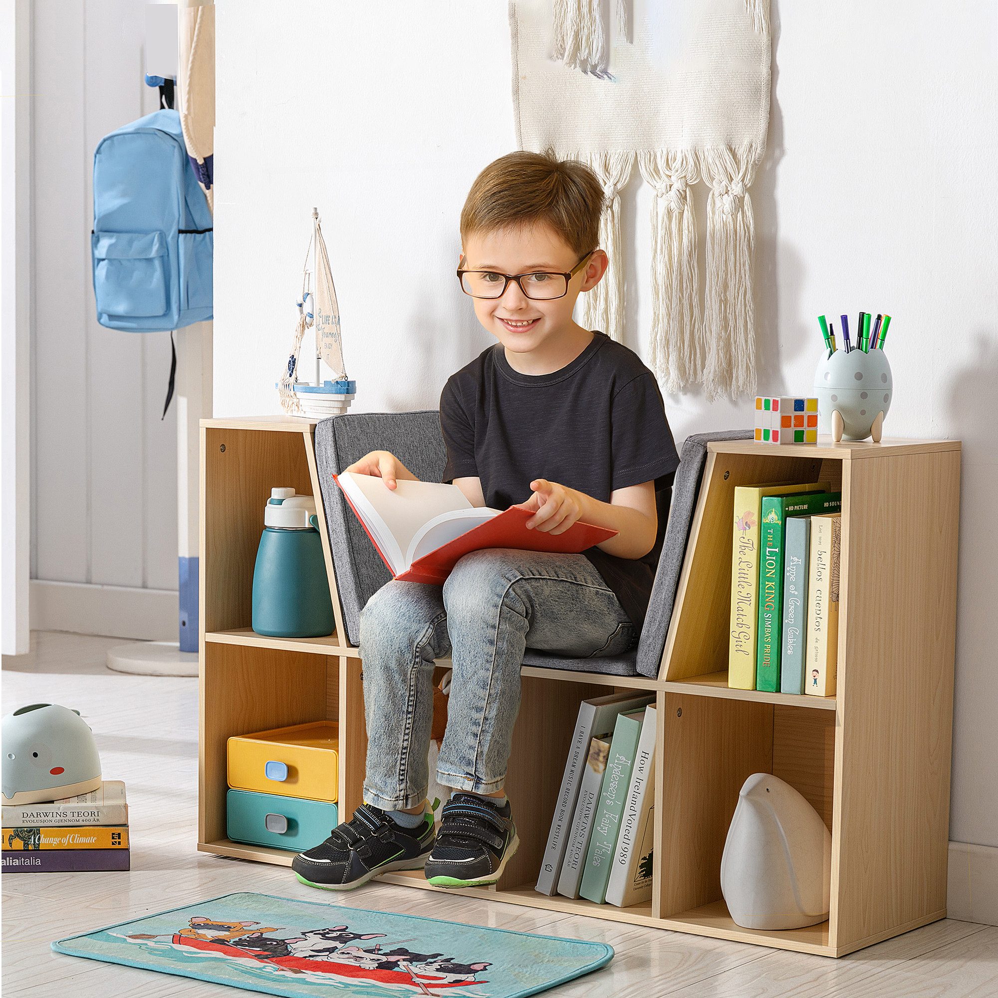 HOMCOM Kinderregal, Bücherregal mit Sitzhocker 1-tlg., mit 6 Fächern, 3 Kis günstig online kaufen