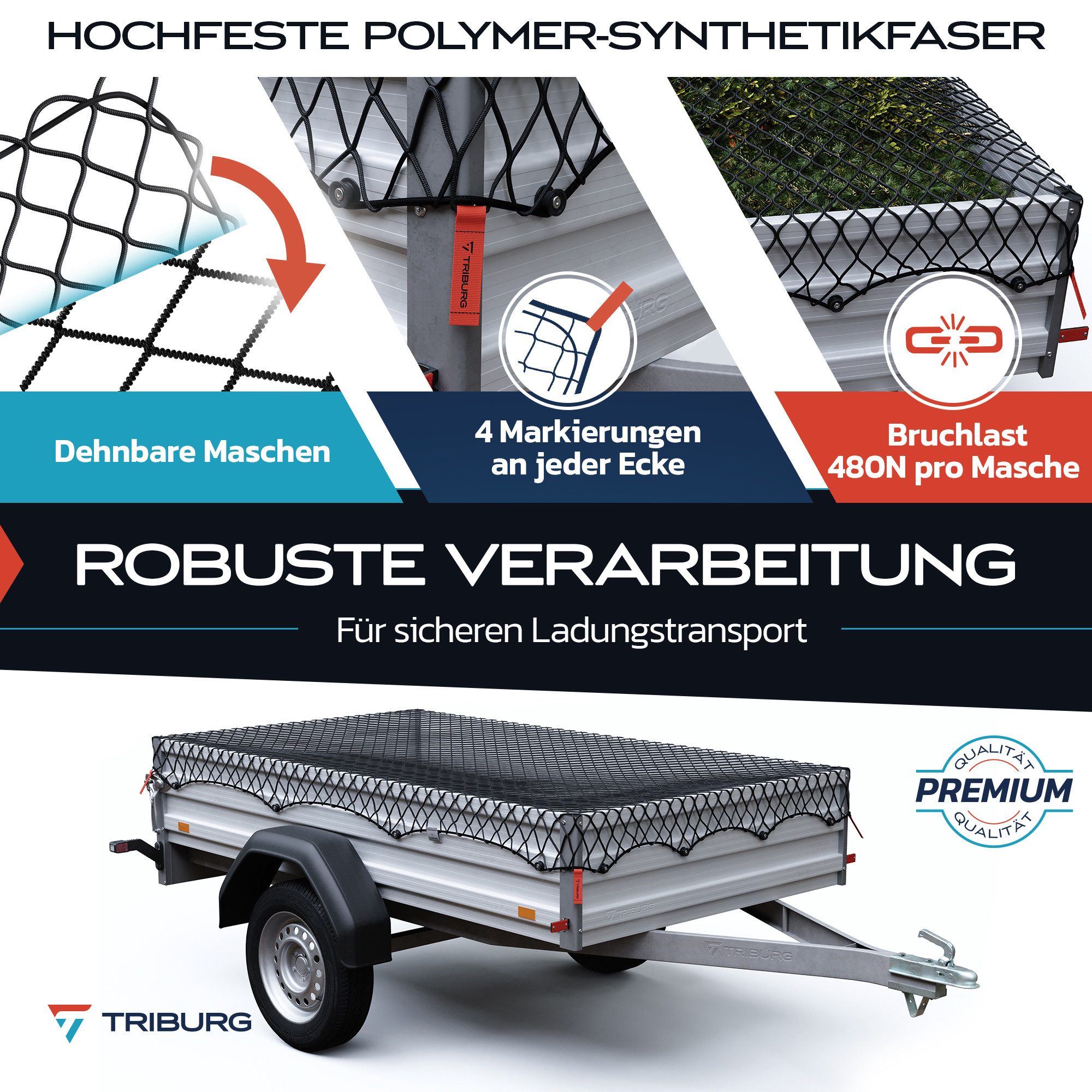 TRIBURG Anhängernetz TRIBURG Anhängernetz Elastisch 1x2m bis 2x3m inkl. 20x Rundknöpfe, Anhängernetz inkl. Planenknöpfe für Anhänger