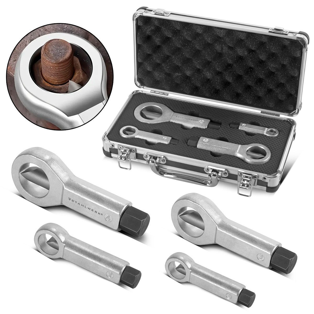 STAHLWERK Reifen-Reparaturset Mutternsprenger Set 9-36 mm 4-tlg Mutternlöser, Set, 5-St., Set, Hält höchsten Belastungen stand