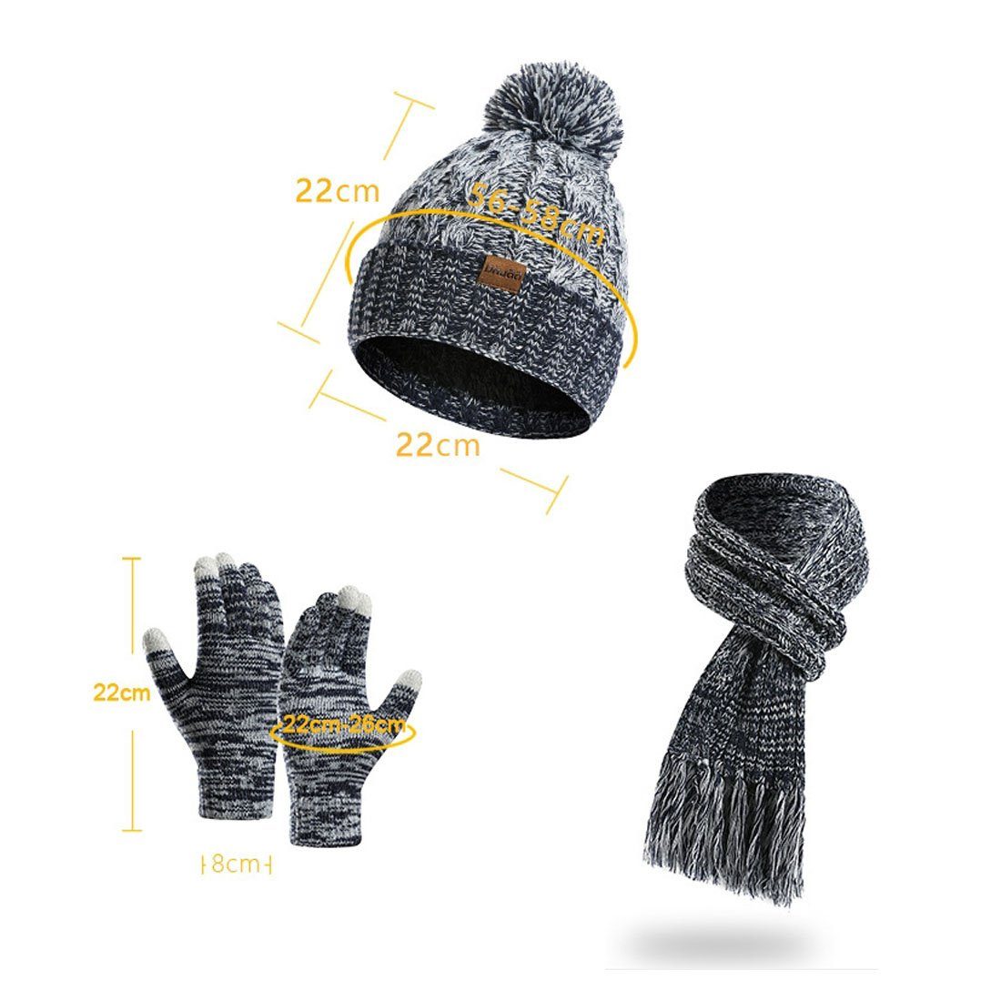 Mütze + + Strickmütze DÖRÖY 3er-Set aus Wolle, Touchscreen-Handschuhe Wintermütze Schwarz Schal