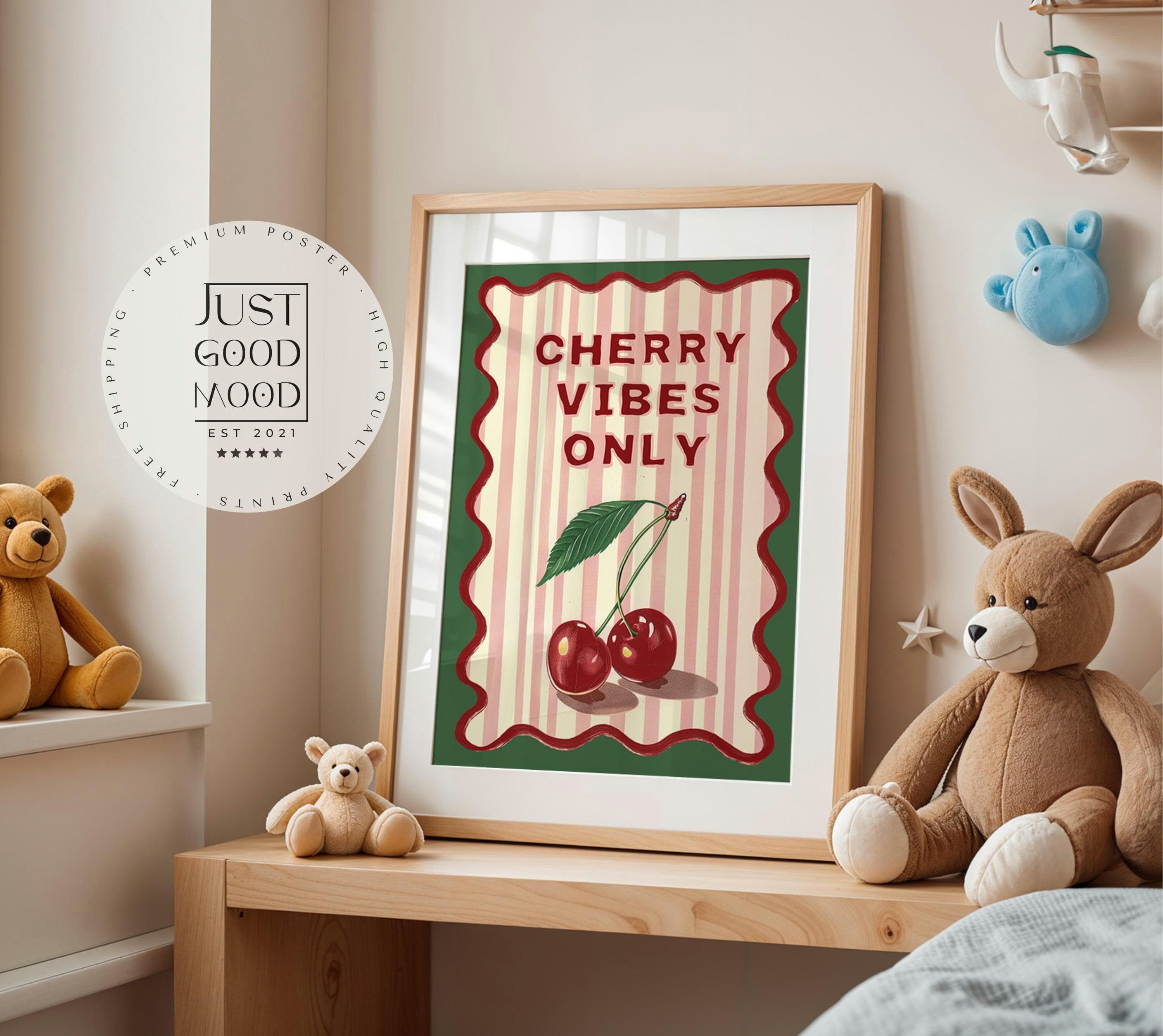 JUSTGOODMOOD Poster Kinderzimmer Kirschen Cherry Vibes Only Fruchtige Wanddeko im Retro Lo, (1 St)