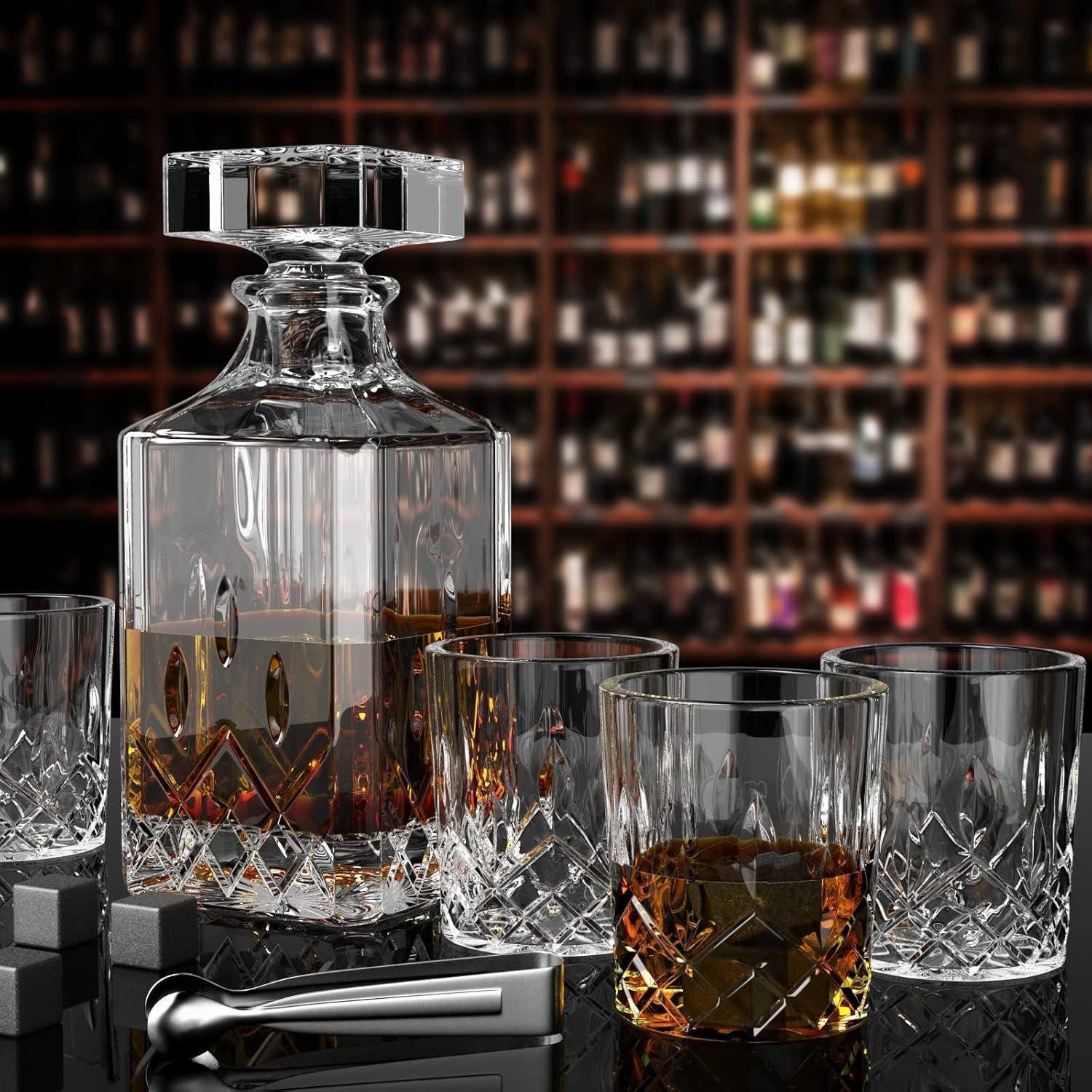 LuxusKollektion Dekanter Whiskey Karaffe Set 750ml mit 4 Whiskeygläsern 12 Steine in Holzkiste