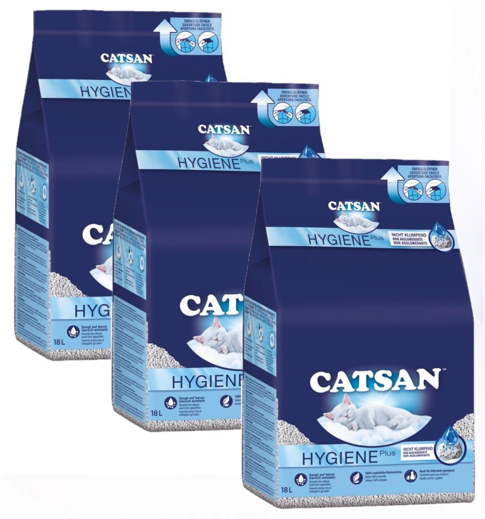 CATSAN Hygienestreu »Catsan Hygiene Plus Katzenstreu 3x18L«, Absorbiert  Flüssigkeiten, bevor Geruch entsteht. CATSAN Hygiene Plus übertüncht  schlechte Gerüche nicht - die Hygienestreu erstickt die Geruchsentwicklung  im Keim.