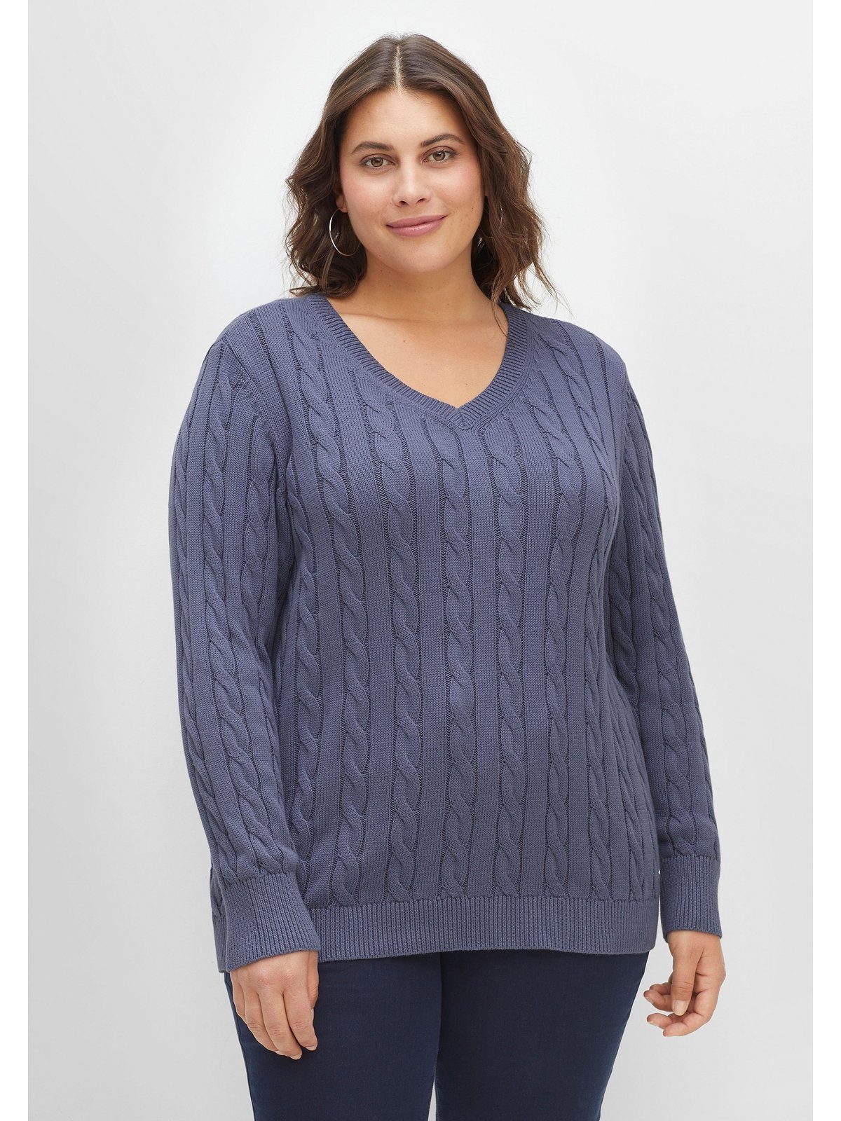 Sheego V-Ausschnitt-Pullover Pullover Große Größen aus Baumwolle, mit  Zopfmuster