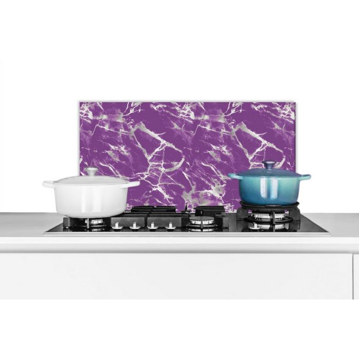 MuchoWow Küchenrückwand Violett - Weiß - Marmor - Muster (1-tlg) Wandschutz gegen Fett und Schmutzflecken für Küchen