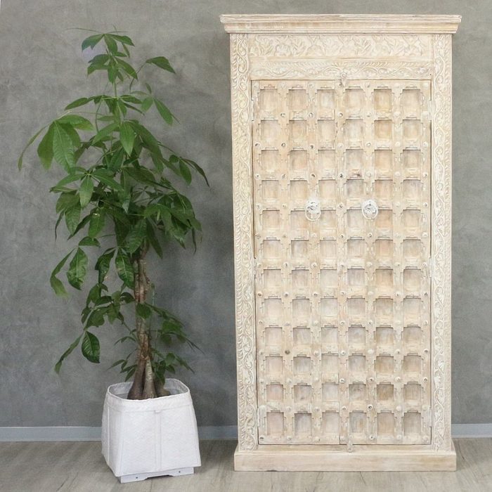 Oriental Galerie Mehrzweckschrank Weißer Schrank Khara Indien 180 cm Handarbeit