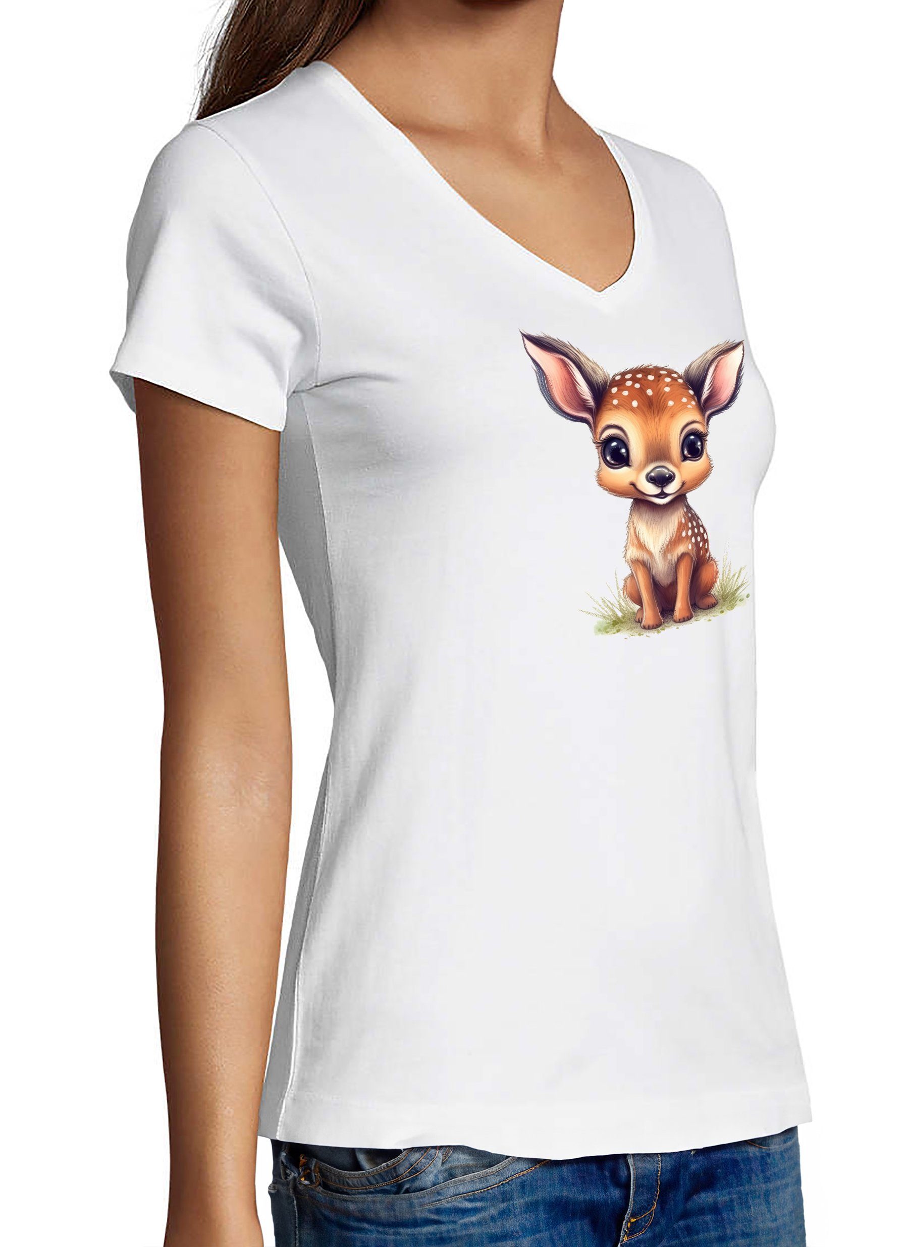 MyDesign24 T-Shirt Damen Wildtier Print Shirt - Baby Reh V-Ausschnitt Baumwollshirt mit Aufdruck Slim Fit i269