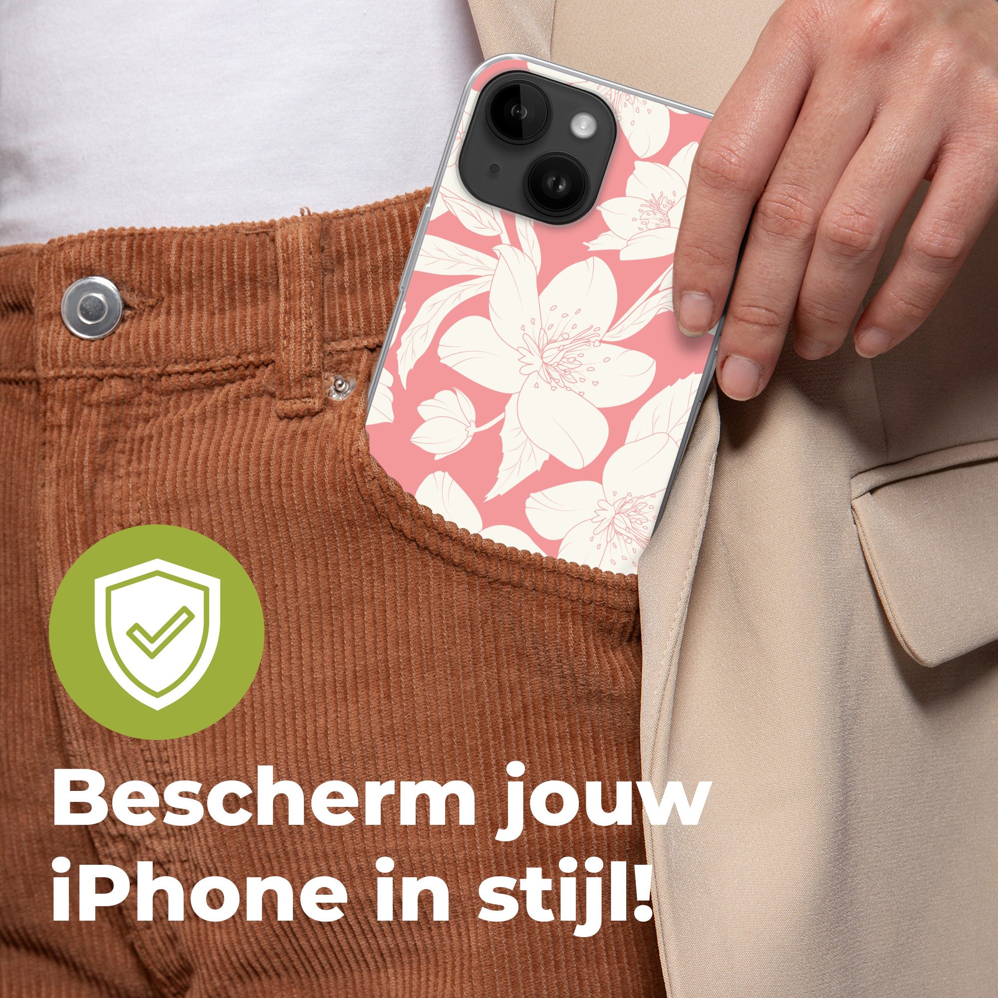 MuchoWow Handyhülle für Apple iPhone 14 Blumen - Muster - Rosa - Weiß, Smartphone-Bumper, Print, Handy Schutzhülle Dünn