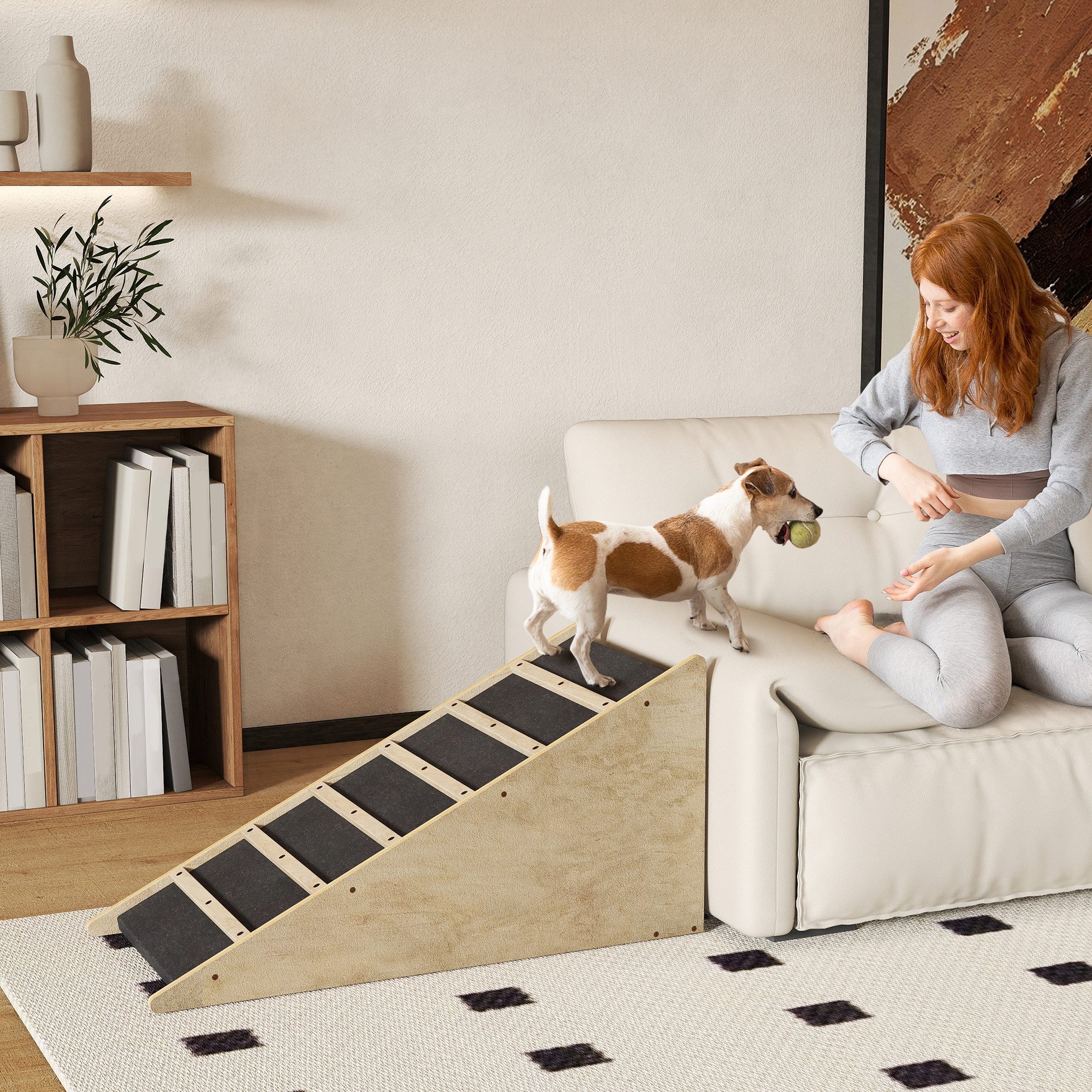 PawHut Hunderampe Haustierrampe für mittelgroße Hunde bis zu 20 kg (Hundeeinstiegshilfe, 1-St., Hundeleiter), Natur+Grau 90 x 40 x 45 cm