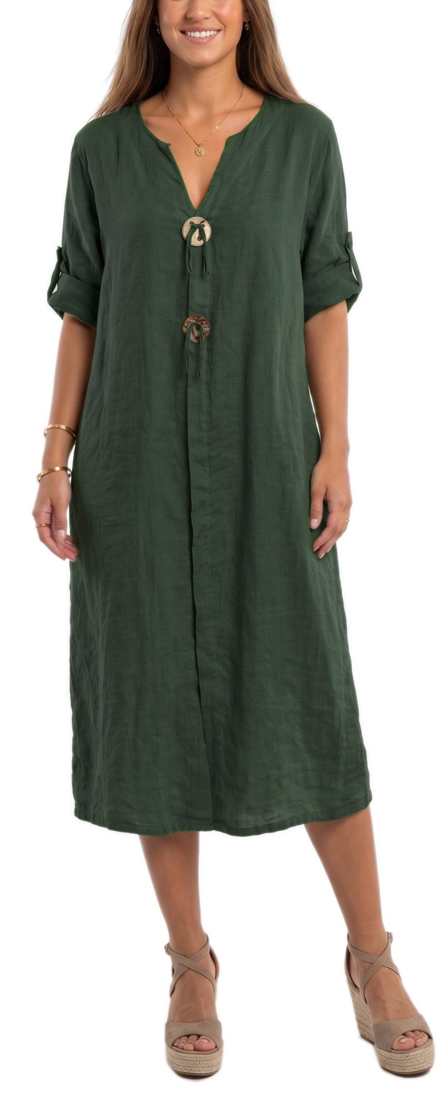 dy_mode Hemdblusenkleid Damen Leinenkleid Midi Hemdblusenkleid mit V-Ausschnitt Freizeitkleid in Unifarbe, V-Ausschnitt, mit seitlichen Eingriffstaschen