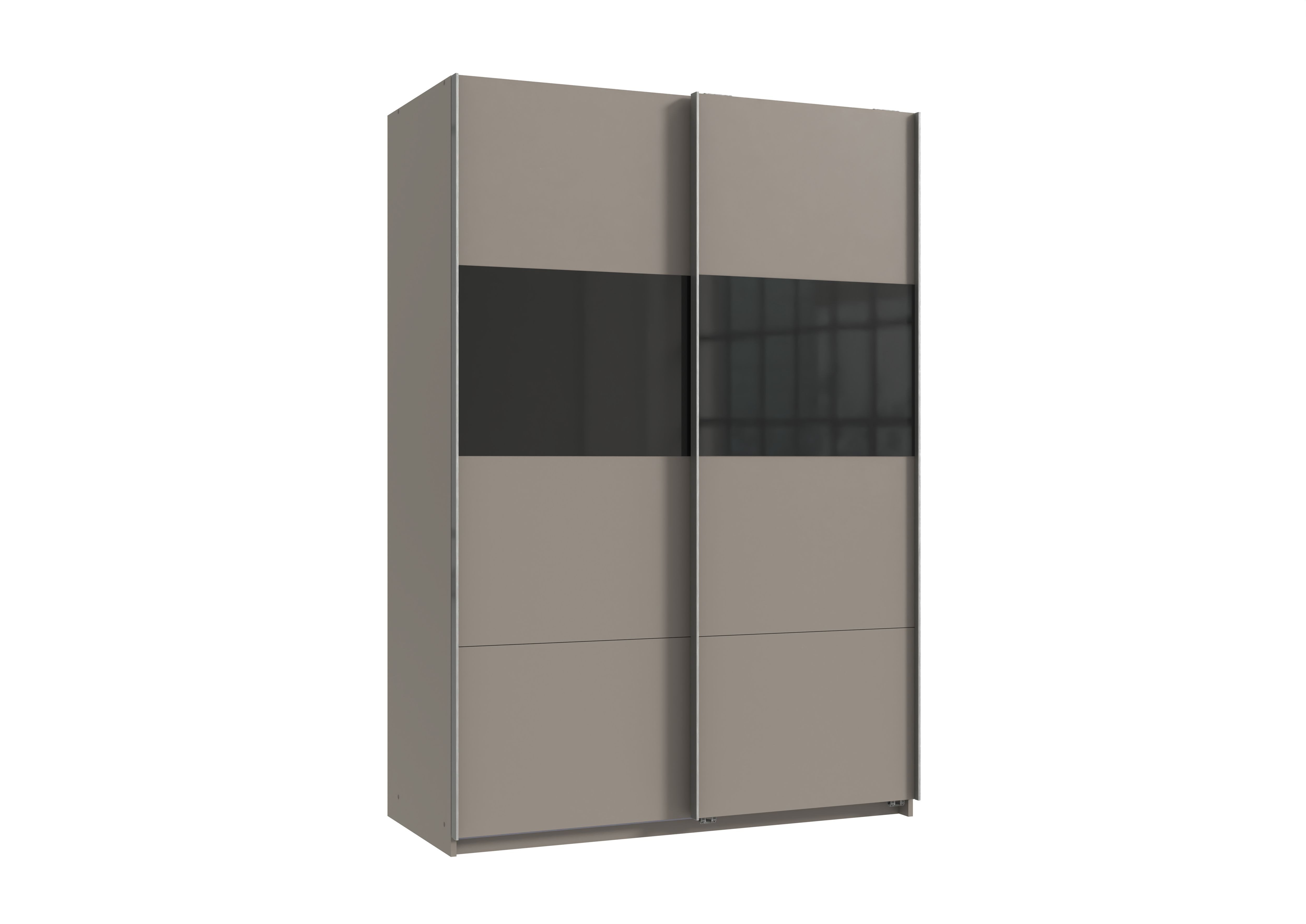 möbel-direkt.de Schwebetürenschrank Bramfeld in Saharagrau mit Schwarz Glas (komplett, 1-St., Kleiderschrank in 135 cm oder 180 cm Breite wählbar) Made in Germany, mit edler Glasfront in Schwarz