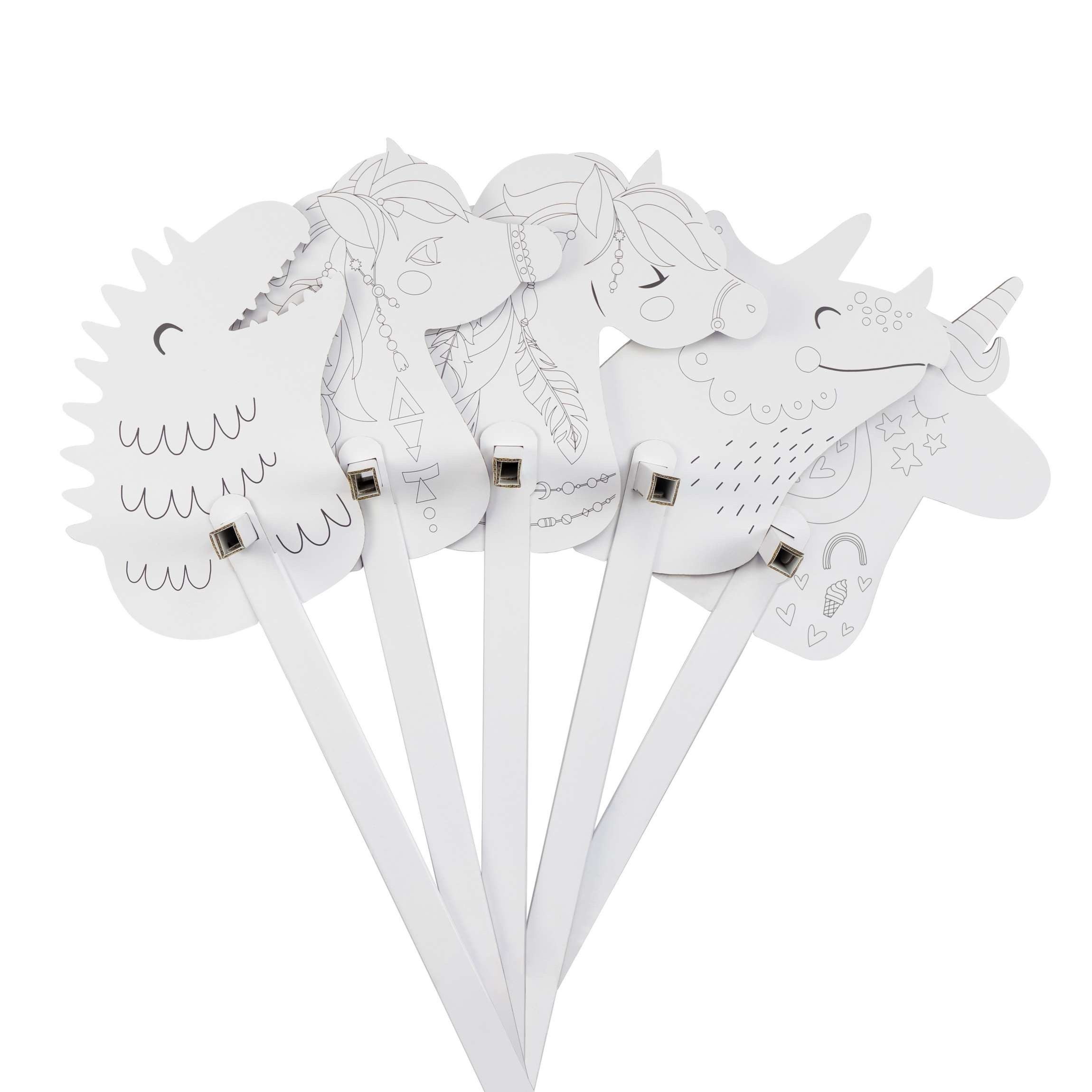 FOLDZILLA Steckenpferd Stockpferd 5er Set zum Ausmalen, (1-tlg., 5 Hobby Horses aus Pappe), Pferd, Dino und Einhorn Mix für Kindergeburtstag