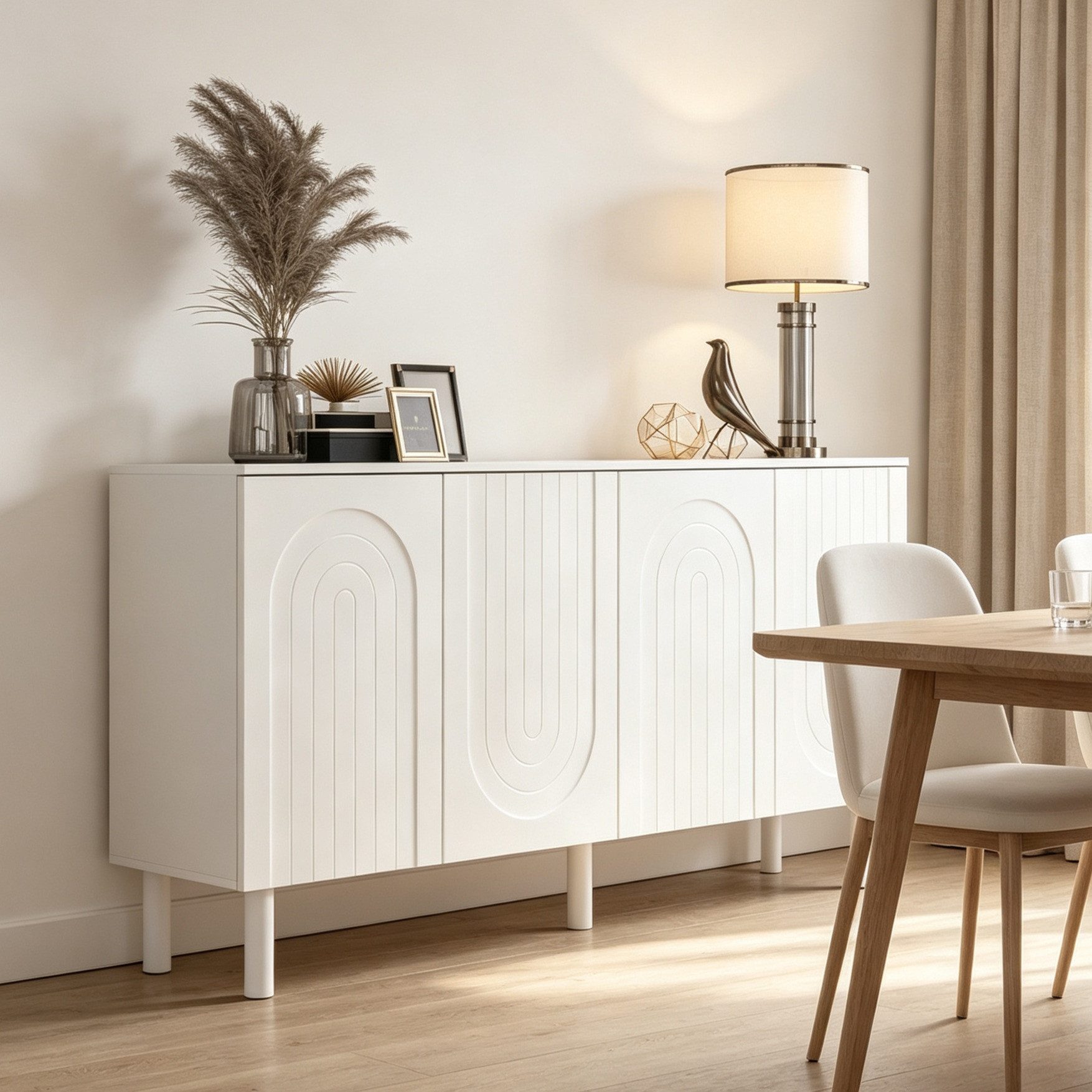 FUFU&GAGA Sideboard Weiß 160 cm breit Skandi Design, 5 Massivholzbeine Stabil