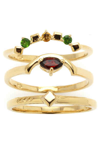Carolin Stone Jewellery Ring-Set 3er-Set Ring Granat, Citrin Silber vergoldet Damenring, Damen Goldschmuck für jeden Anlass