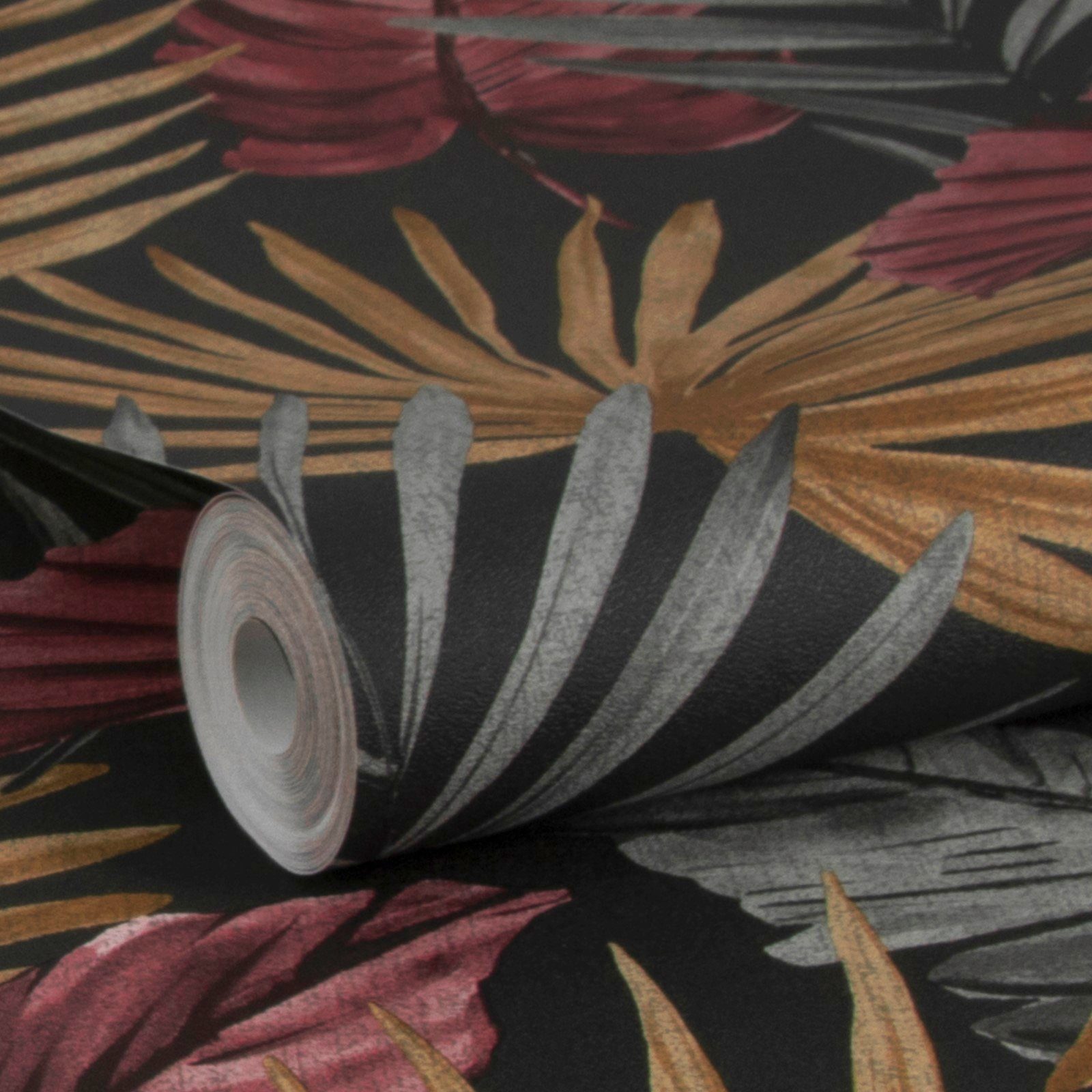 WOW Vliestapete Flow Schwarz/Rot/Braun, geprägt, botanisch, FSC® zertifiziert, mit lebhaftem Druck, 10 Meter Länge