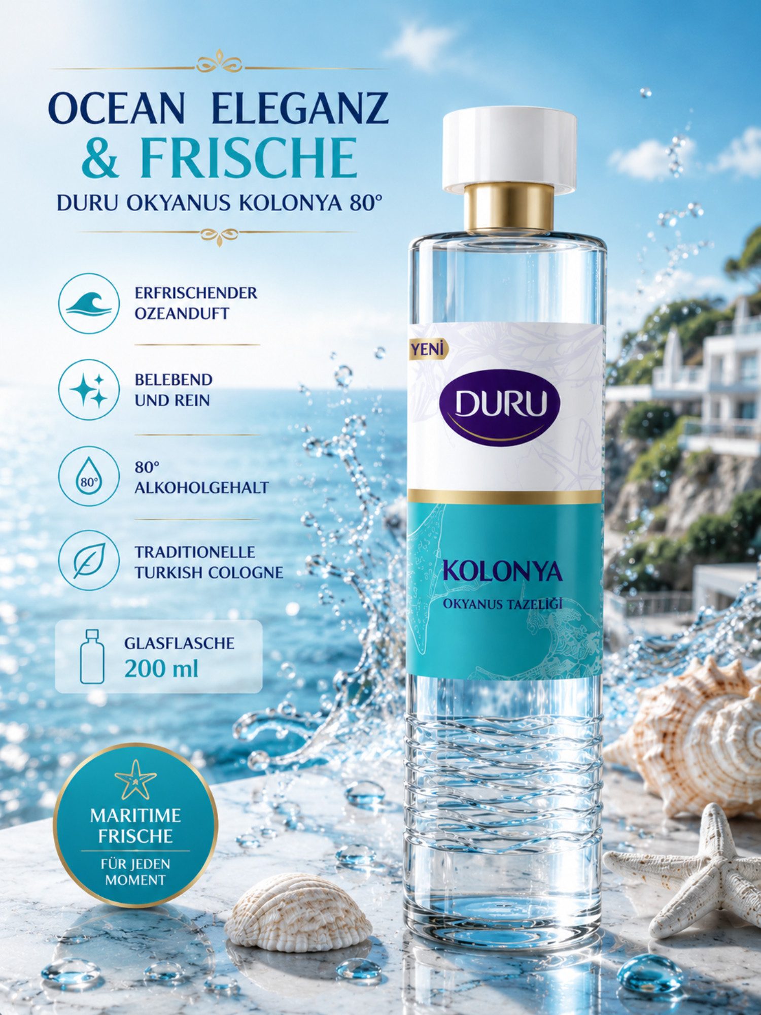 DURU Eau de Cologne Duru Premium Cologne Serie, Erfrischendes Kölnisch Wasser, Frischer Ozeanduft, 80° Alkoholgehalt, Glasflasche, 200 ml Inhalt