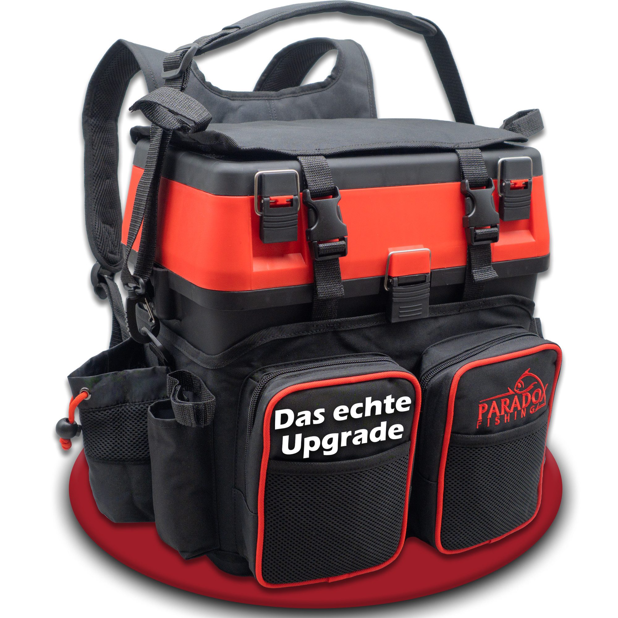 Paradox Fishing Angelrucksack 3-in-1 Multifunktions-Sitzkiepe mit 4 Boxen im Deckel (1-tlg), Zangenhalterung