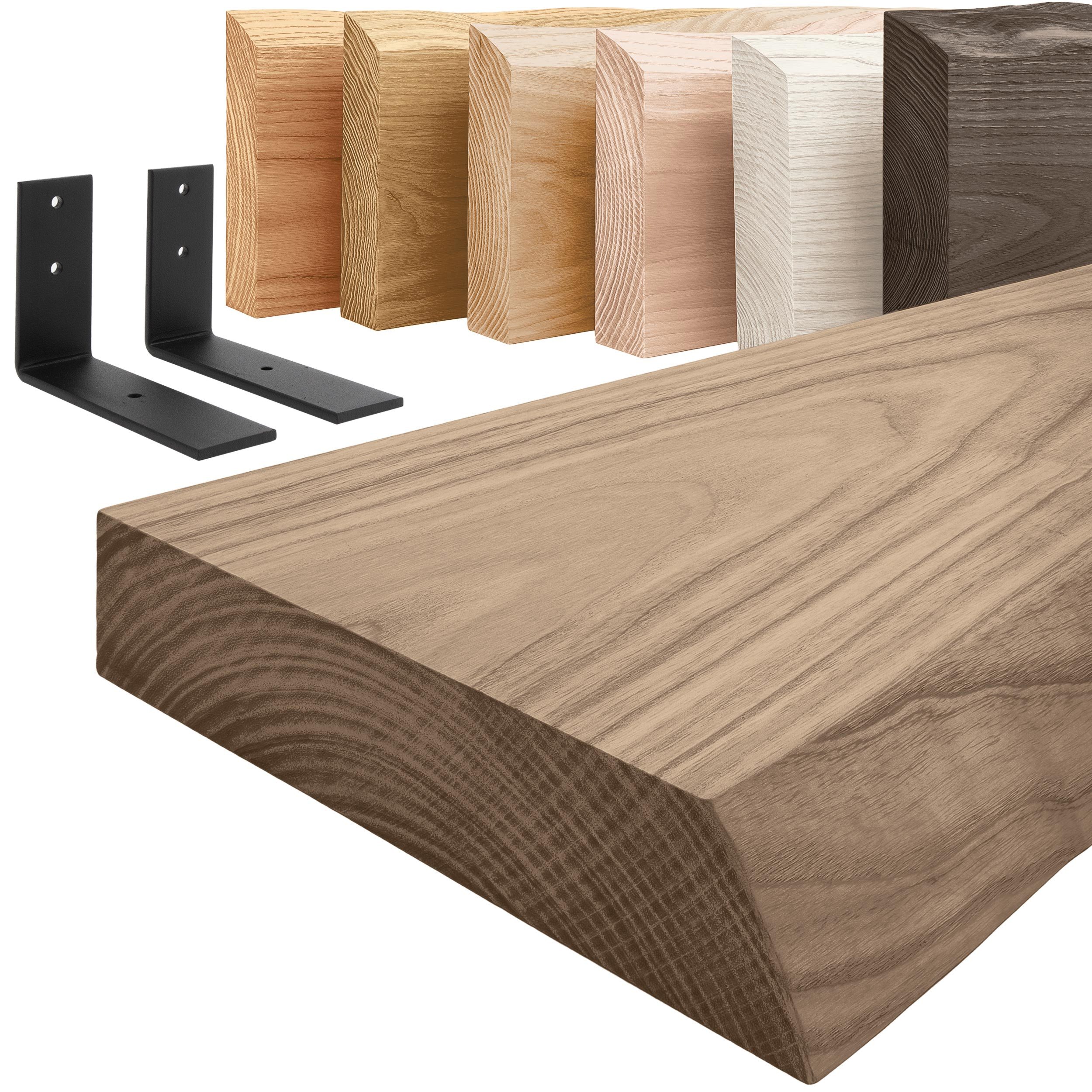 LAMO Manufaktur Wandregal Holz Baumkante Regal Farbe: Nussbaum mit schwarzem Basic 40 cm, Komplett-Set, 40mm stake Massivholzplatte