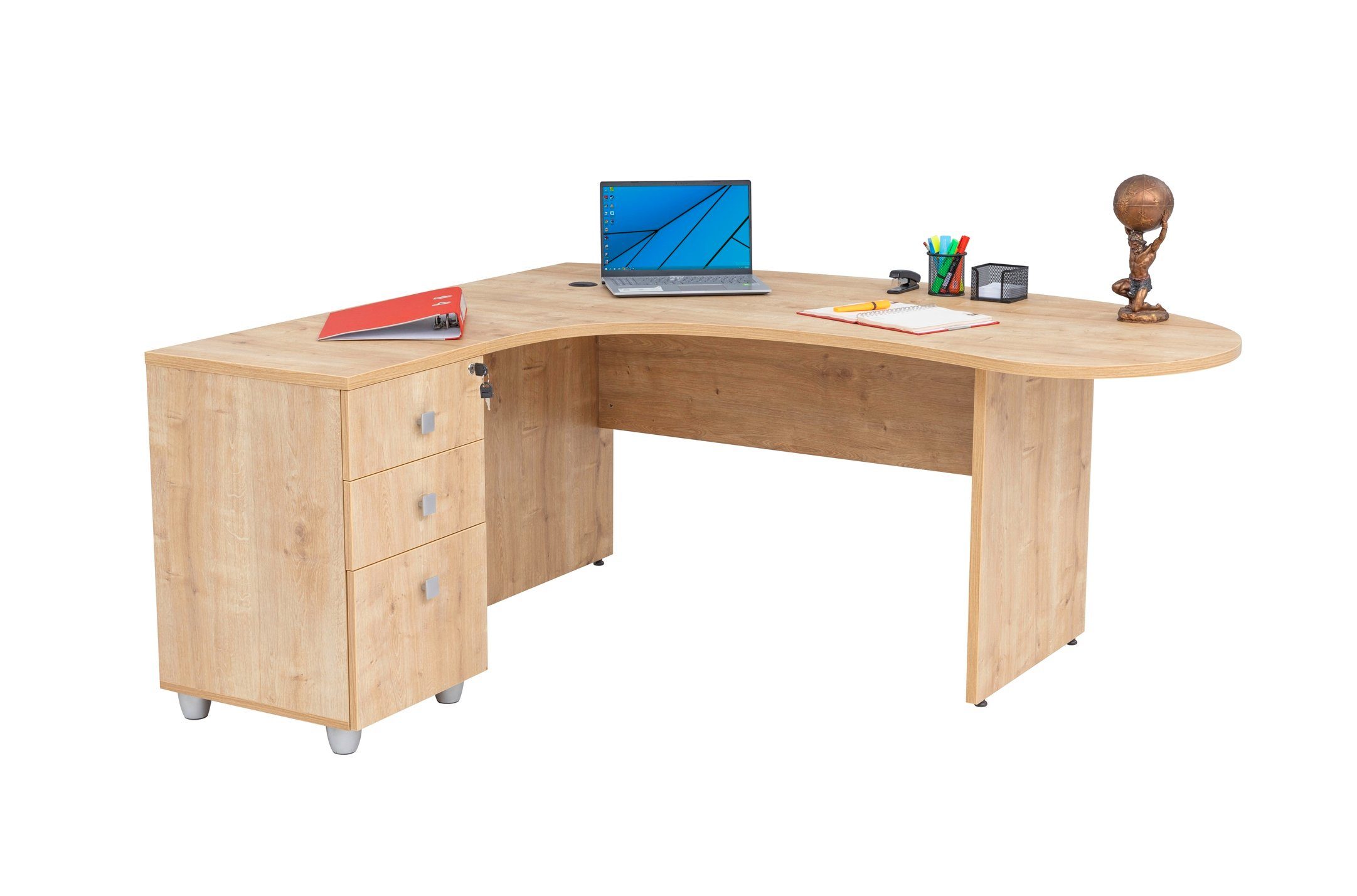 Furni24 Beistellcontainer inkl. Winkelschreibtisch Schreibtisch Gela,Holzfuss,Eiche,180 cm,