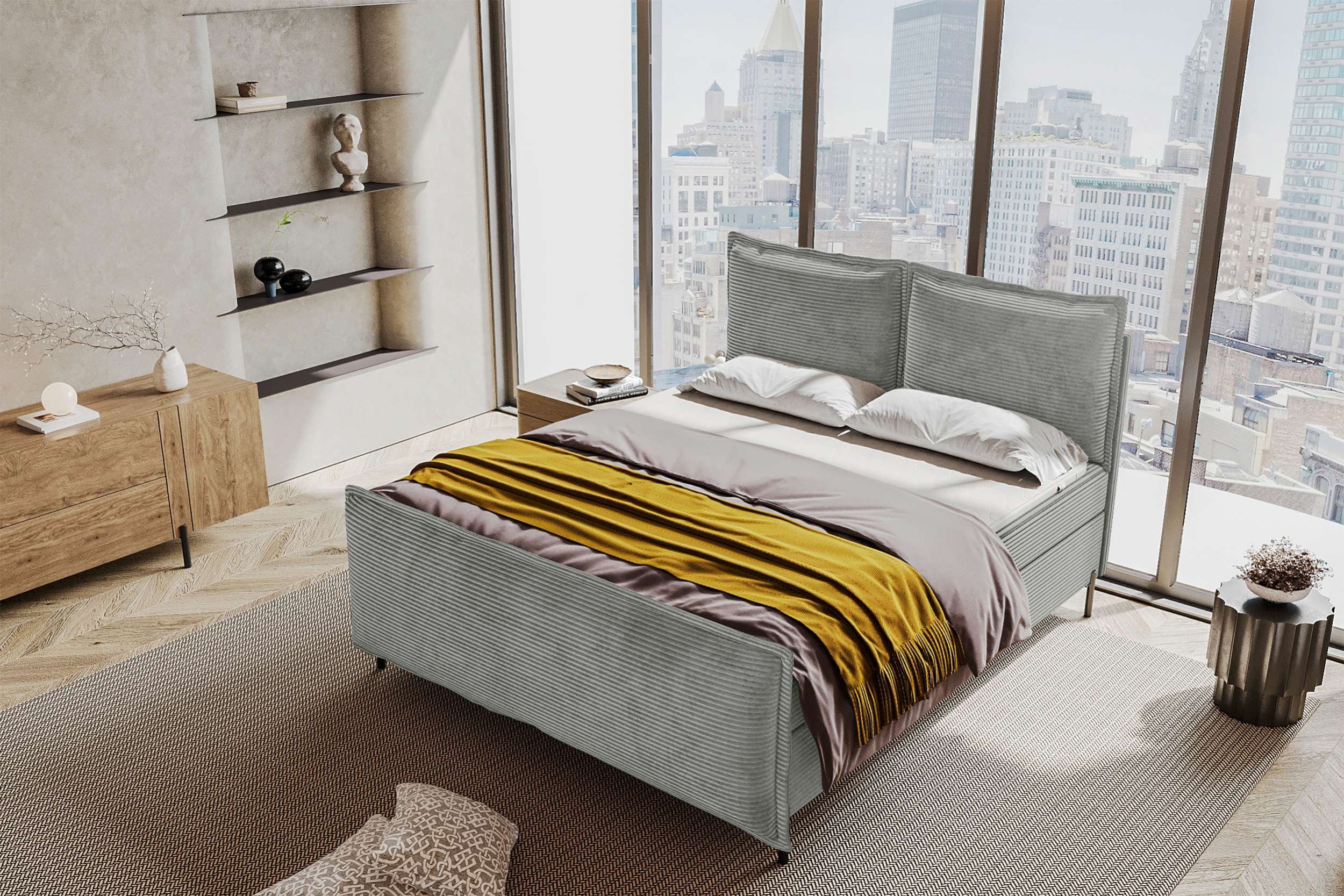 99rooms Boxspringbett Vero Plus (Schlafzimmerbett, Bett), 140/160/180/200x200 cm, in Cord POSO, mit Topper, Bettkasten