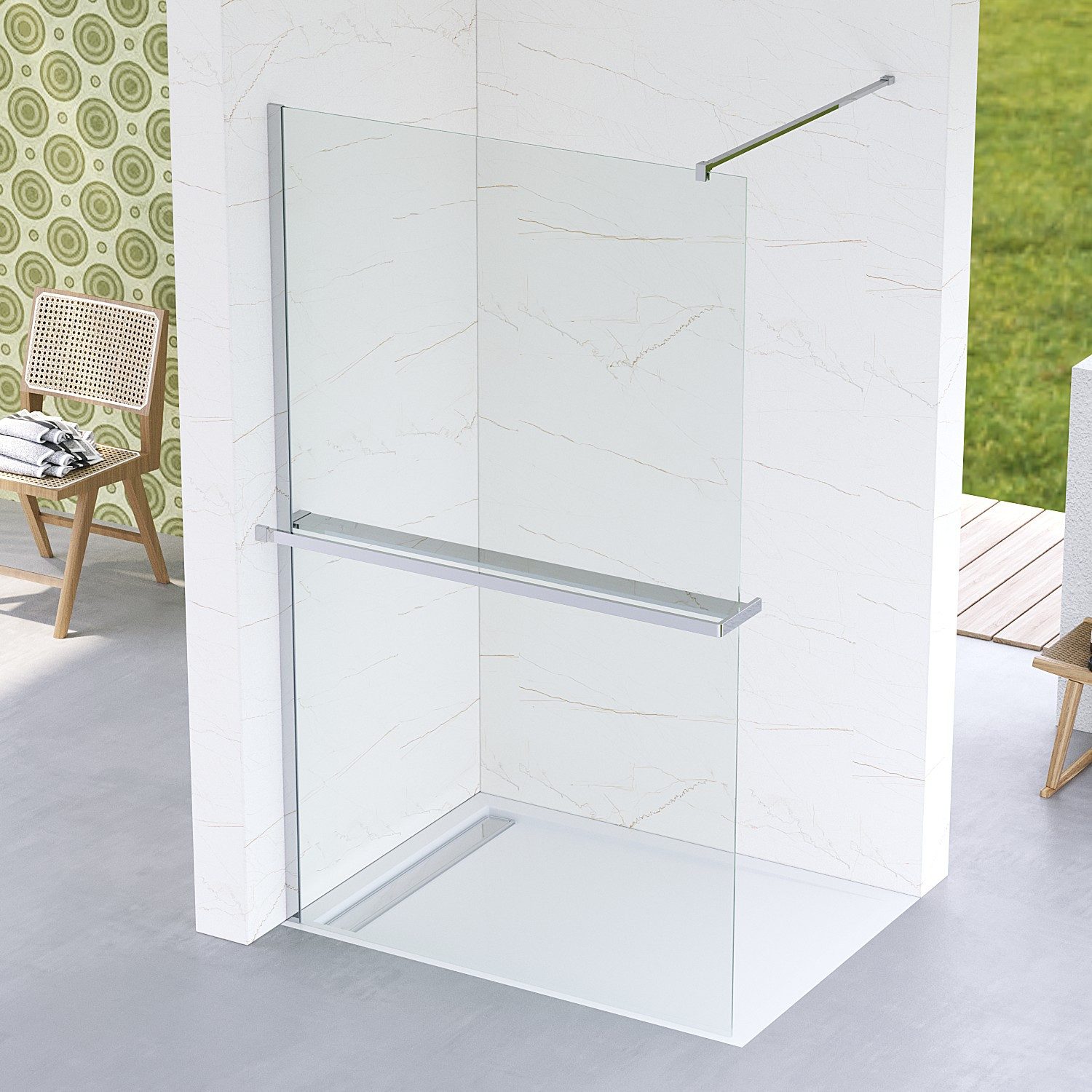 AQUABATOS Walk-in-Dusche Duschwand 8 mm ESG Glaswand Duschabtrennung mit Duschablage Chromoptik, Einscheibensicherheitsglas, Breite 80/ 90/ 100/ 110/ 120 cm Duschtrennwand mit NANO Beschichtung