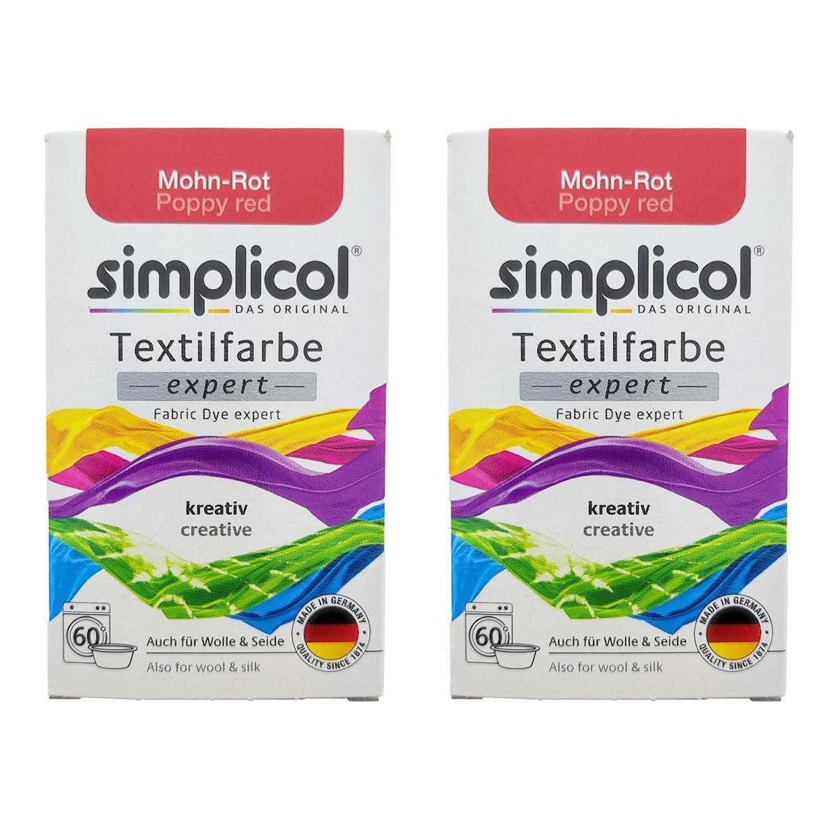 simplicol Textilfarbe Textilfarbe Mohn-Rot 2er Pack 150g für Stoffe, Farberneuerung Textilfärbemittel Farbauffrischung Farbmischung Batik