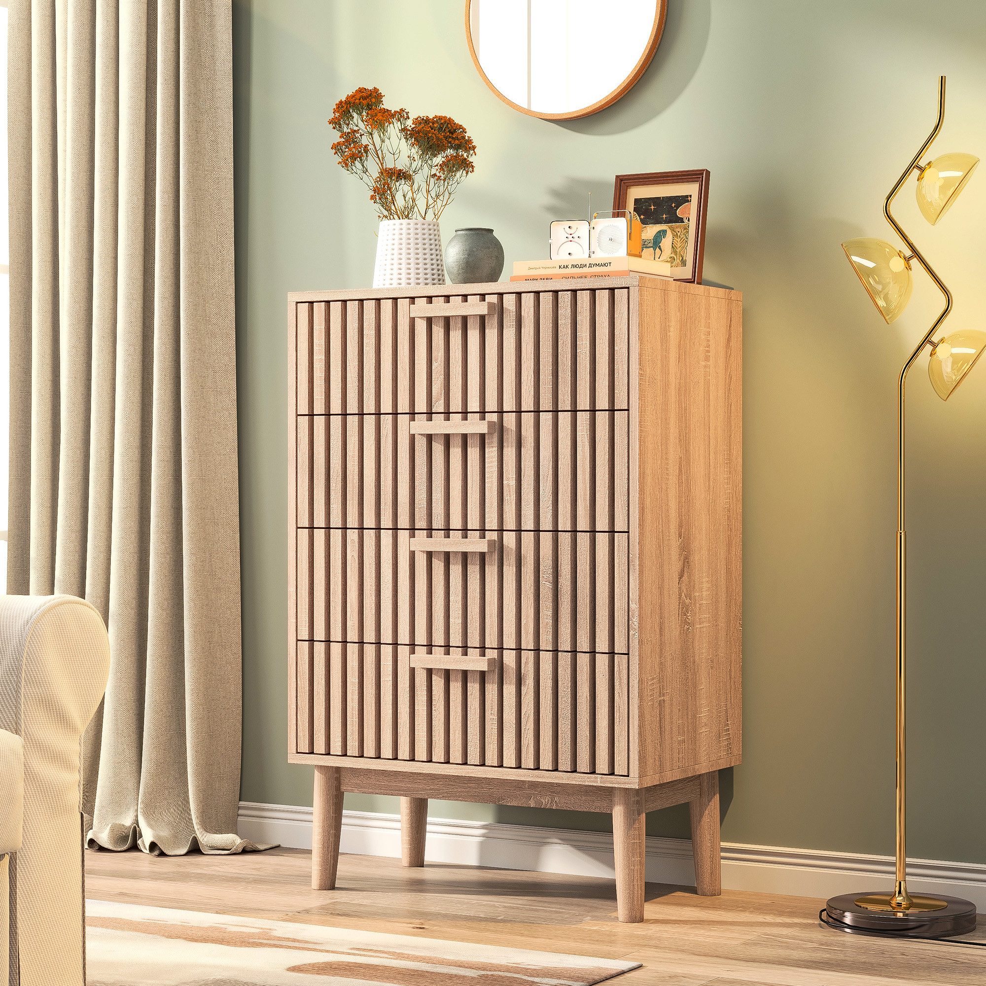 FUROKOY Sideboard Kommode Mit rutschfesten Tischbeinen und Kippschutzvorrichtung, 91x34x60 cm,Mit 4 Schubladen,Mit geräuscharmem Dämpfungsschlitten – Bild 2 von 5