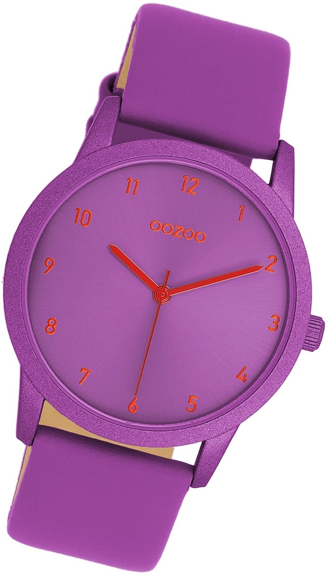OOZOO Quarzuhr Oozoo Damen Armbanduhr Timepieces, Damenuhr Lederarmband lila, rundes Gehäuse, mittel (ca. 38mm)