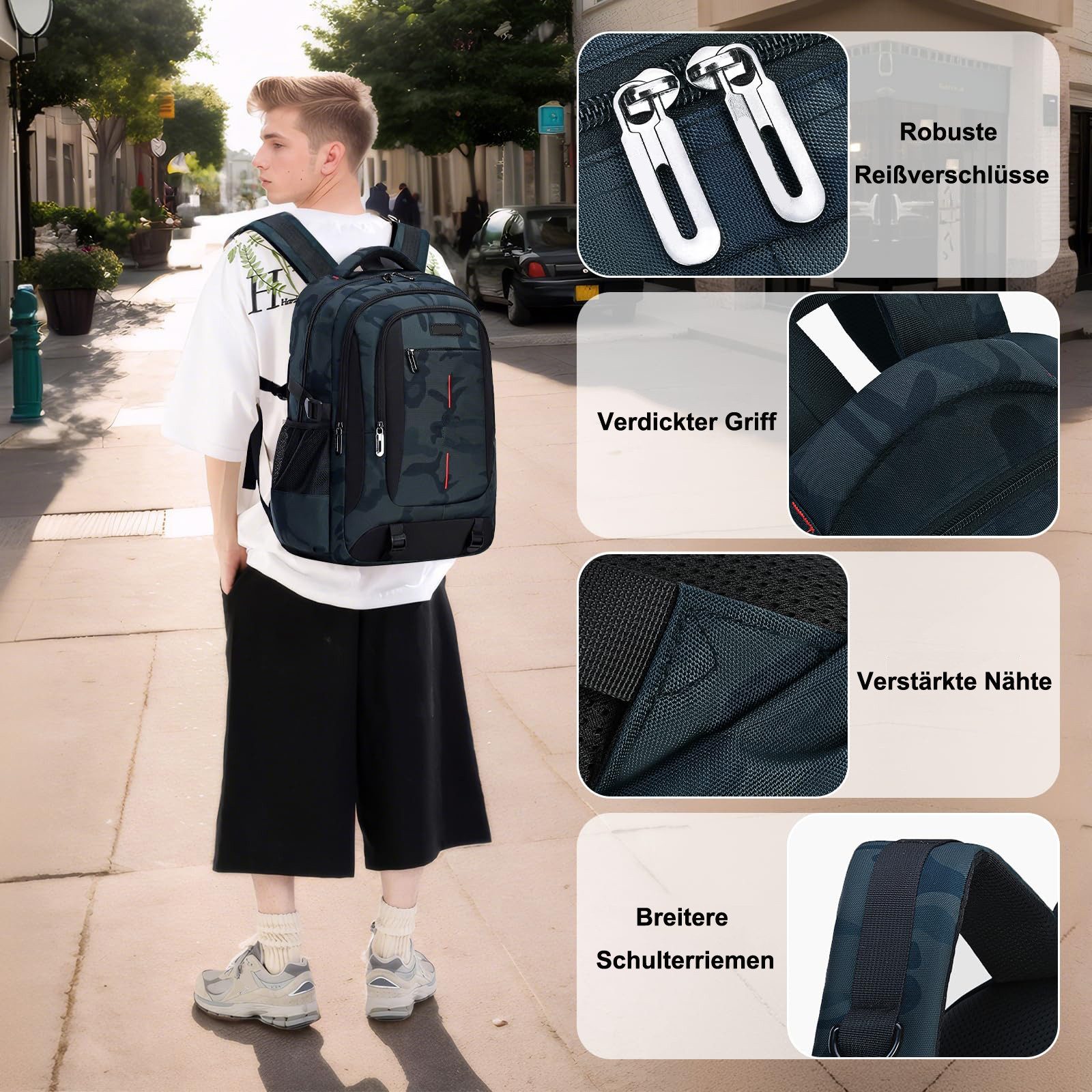 Cachito Rucksack Großer Camouflage Schulrucksack für Jungen & Mädchen (1-tlg), Teenager Rucksack mit Viel Stauraum – Daypack für Schule & Freizeit – Bild 2 von 5