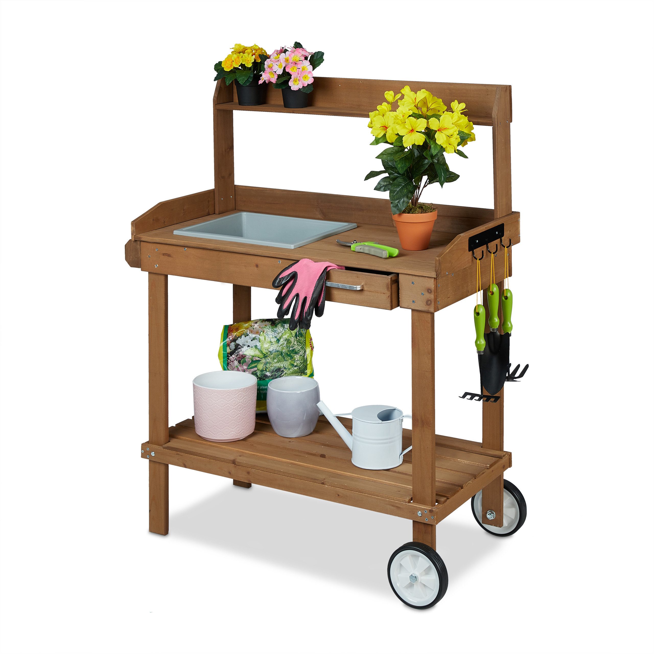 relaxdays Pflanztisch Brauner Pflanztisch mit Rollen günstig online kaufen